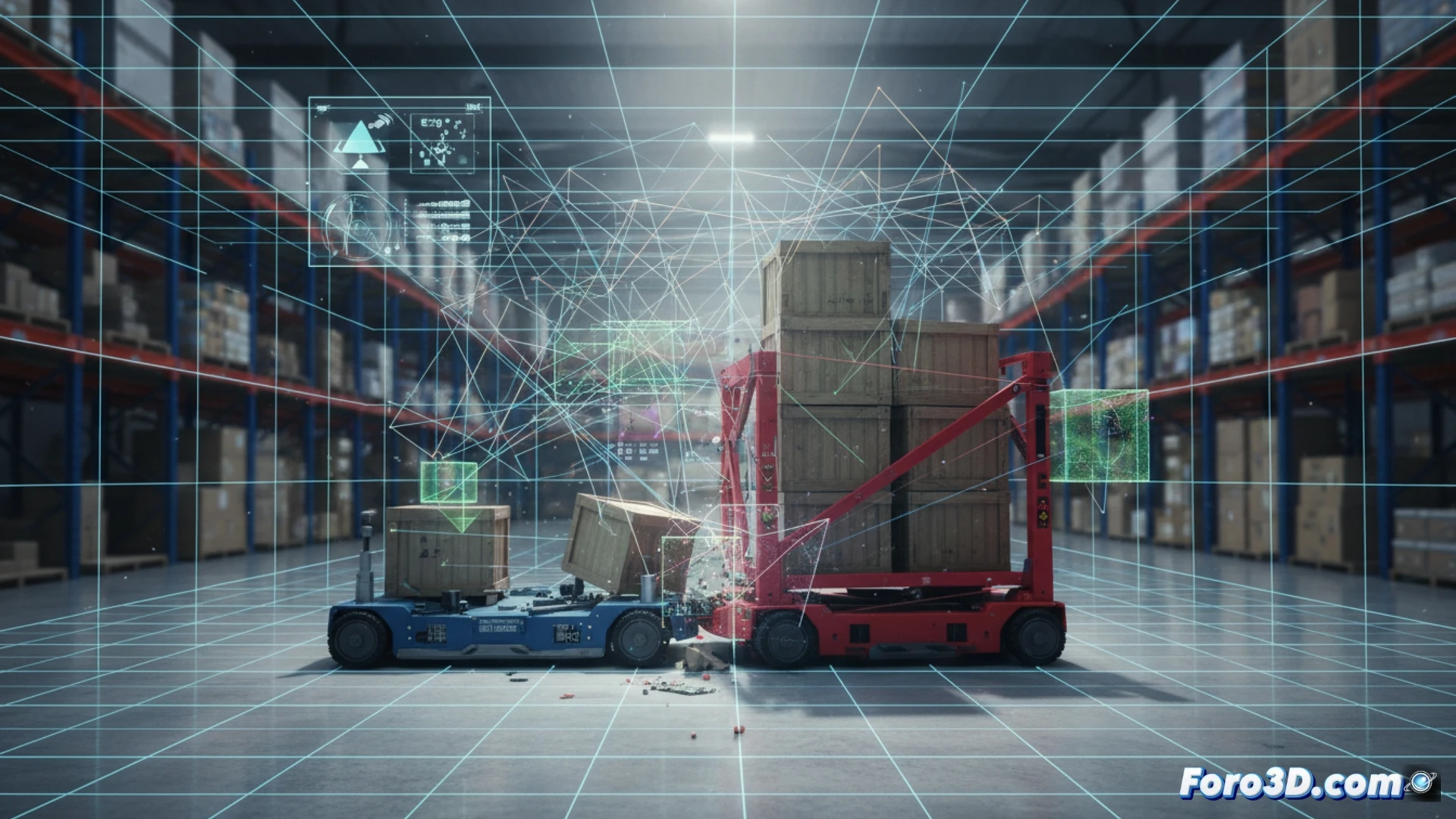 Reconstrucción 3D de colisión entre AGVs en almacén inteligente con trayectorias y sensores LiDAR visibles