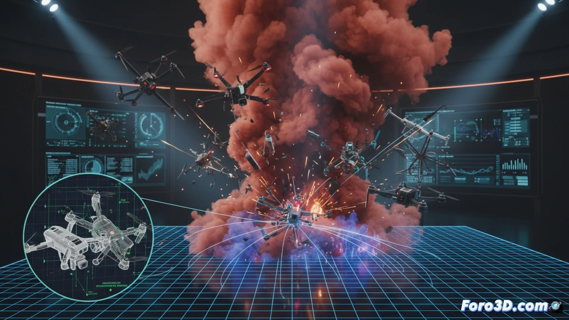Reconstruccion 3D de colision en cadena de drones con humo y sensores de oclusion en gemelo digital