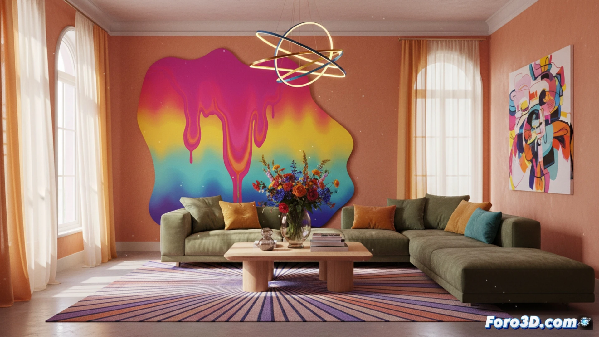 Una sala luminosa con pared turquesa vibrante y un gran cuadro abstracto naranja. Muebles blancos minimalistas y cojines amarillos crean un equilibrio energético y optimista.