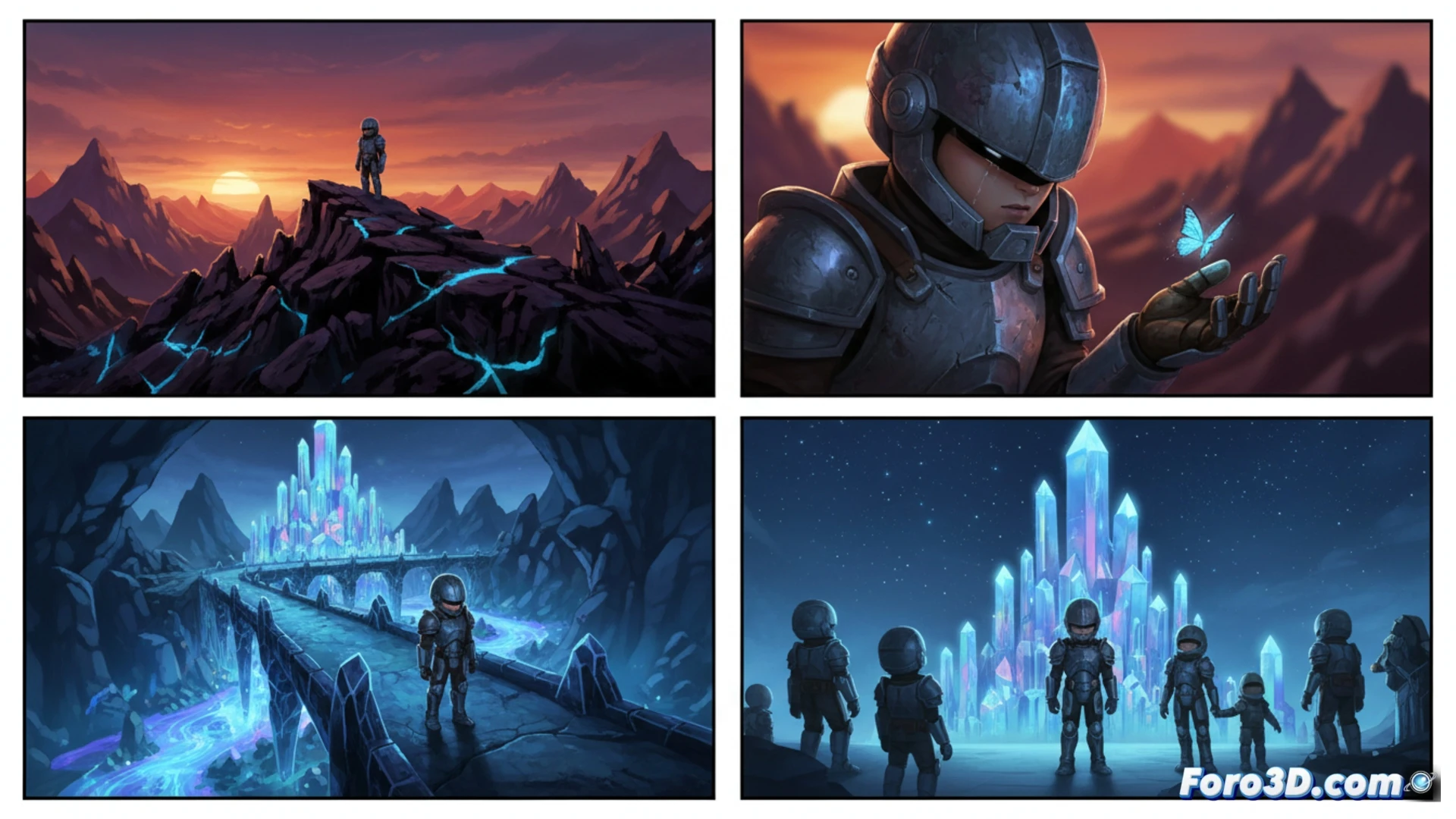 Cómic mudo con gigante acorazado protegiendo a una niña en paisaje desértico, storyboard 3D