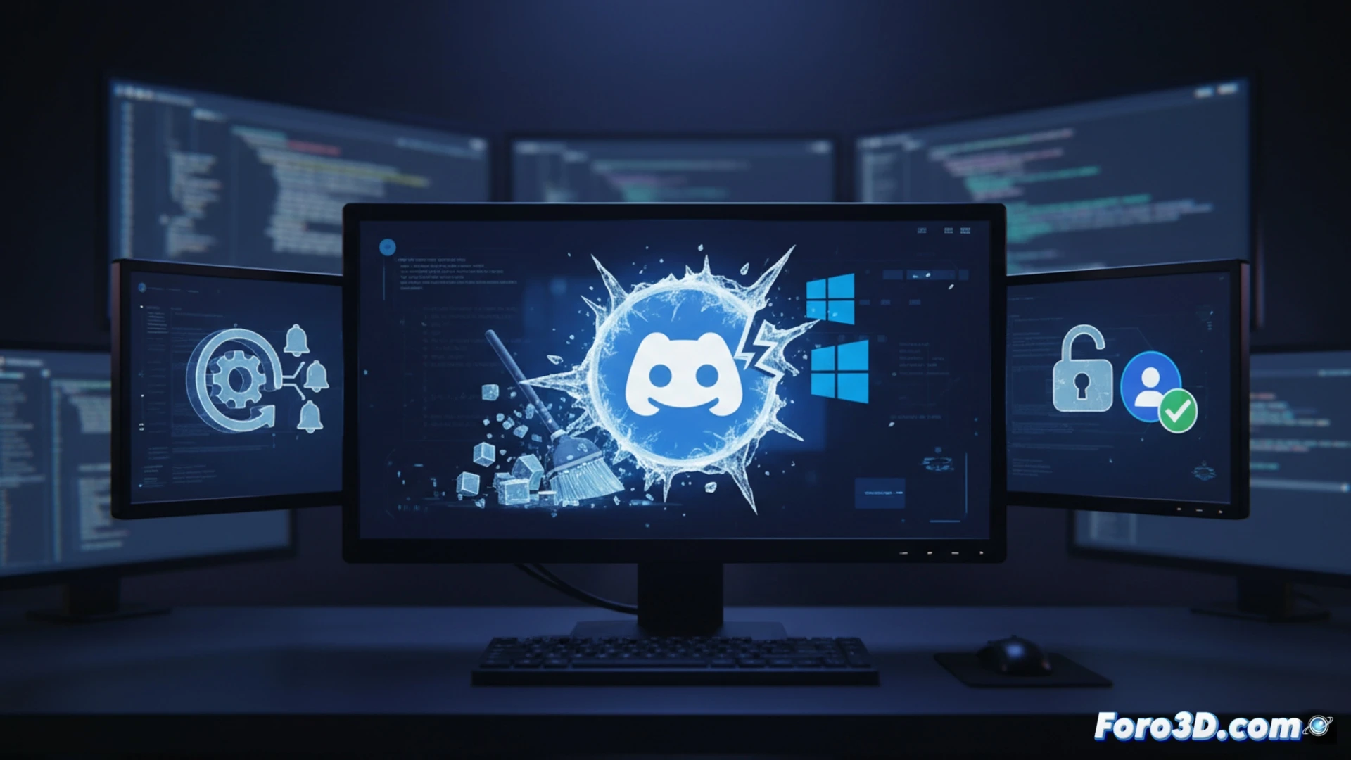 Un monitor de PC muestra Discord congelado junto a un reloj y notificaciones rotas, con tres pasos numerados a su lado.