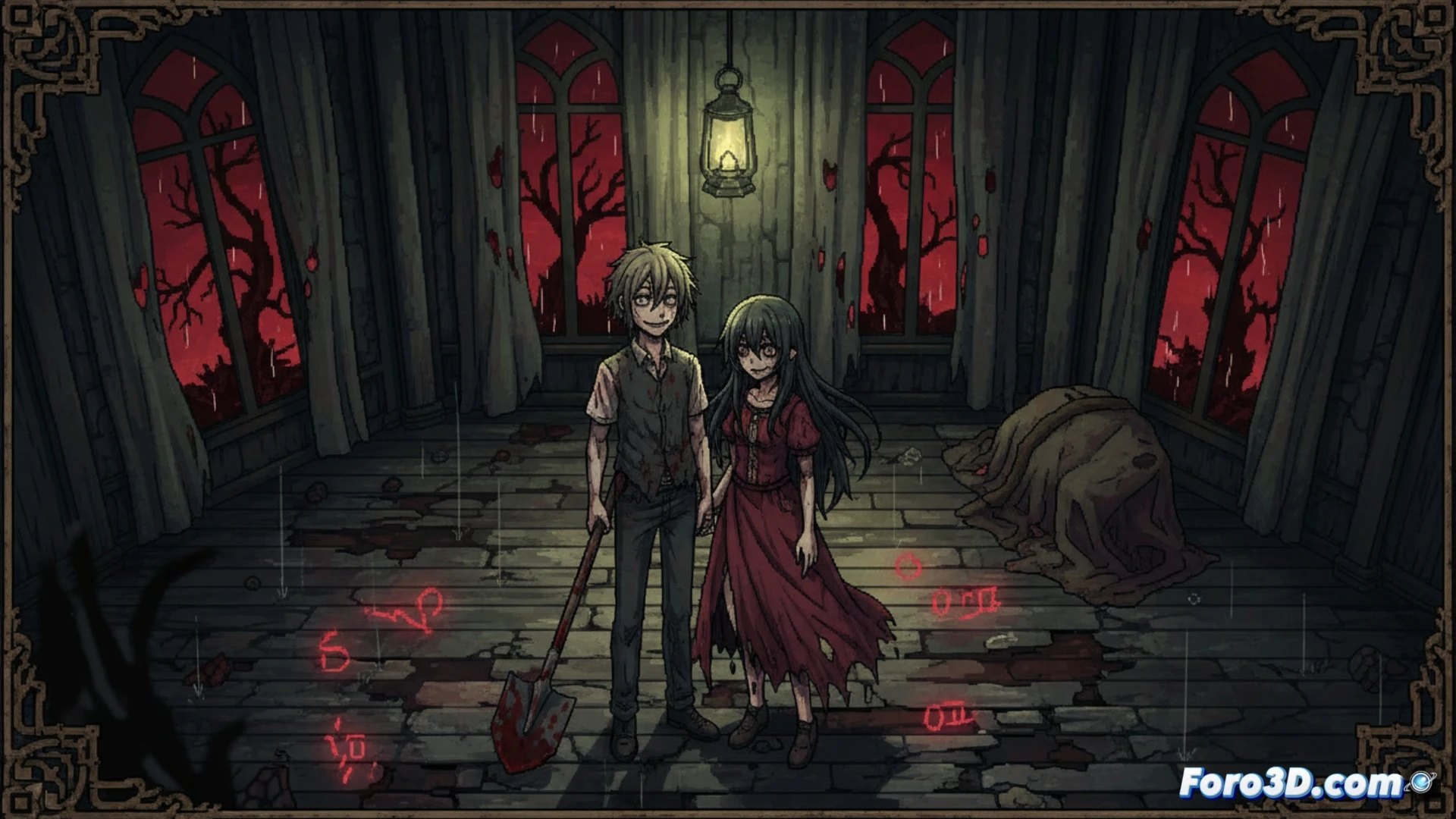 Captura de Andy y Leyley con estilo anime oscuro y fondo tenebroso en RPG Maker MV