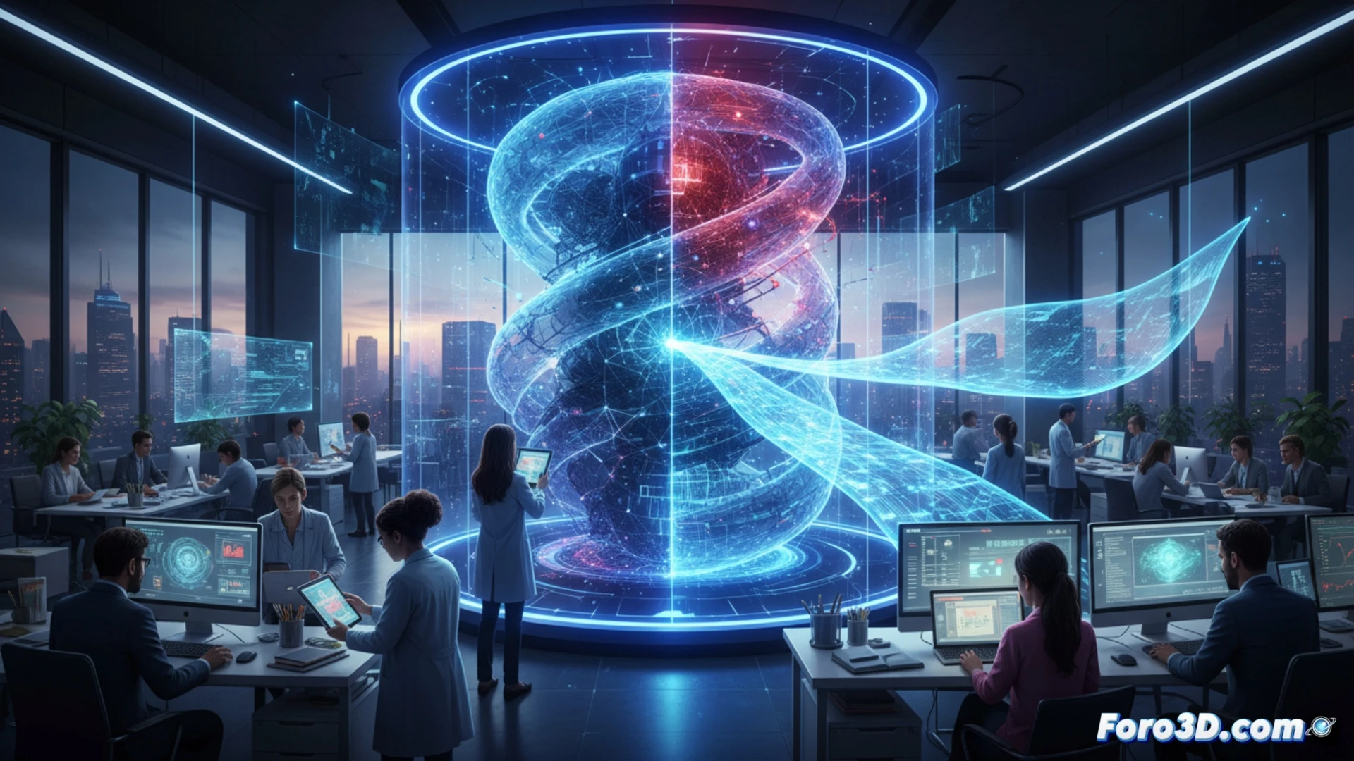 corporate office scene, employees using laptops and tablets with visible AI interfaces like ChatGPT and Midjourney, a digital ghost-shaped data stream leaking from an unlocked device towards a server rack, IT manager calmly placing a glowing governance shield over the shadow AI activity, technical illustration style, blue and orange tech lighting, holographic data flow lines, realistic hardware details, cinematic composition, photorealistic render