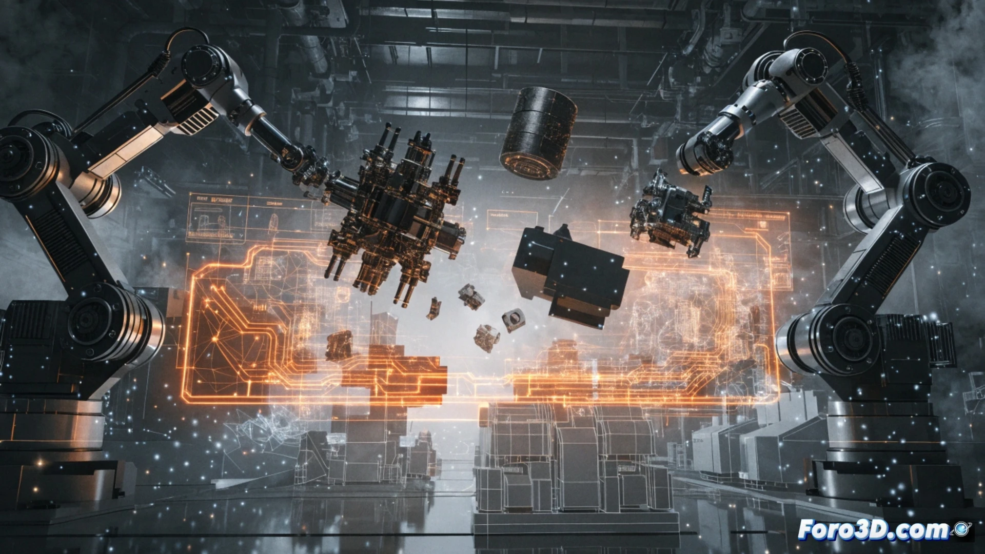 Un ingeniero industrial analiza una línea de ensamblaje 3D en una tableta, detectando colisiones robóticas virtuales.