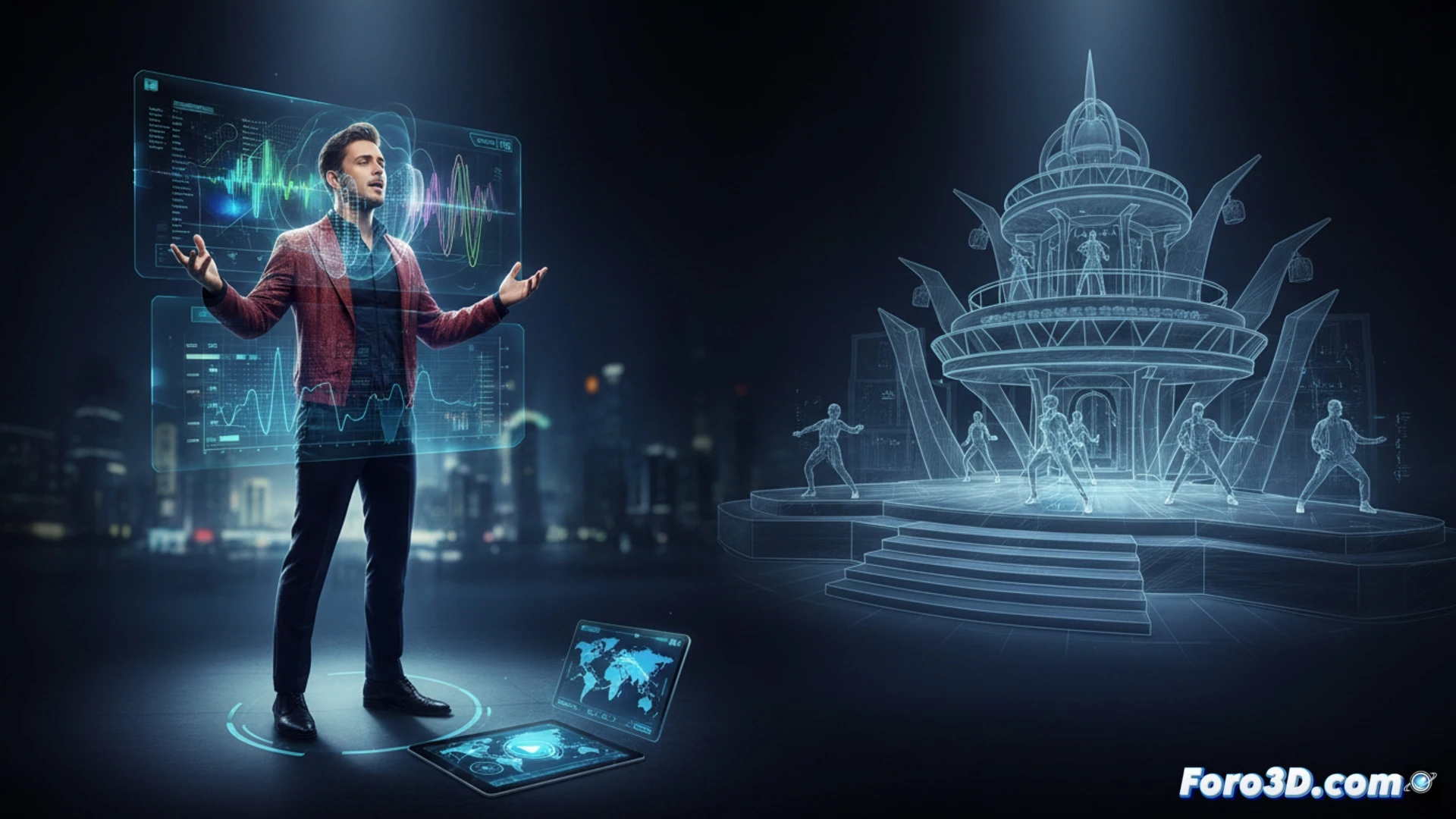Cantante en escenario 3D con análisis de postura y acústica virtual para prevenir fatiga vocal y lesiones