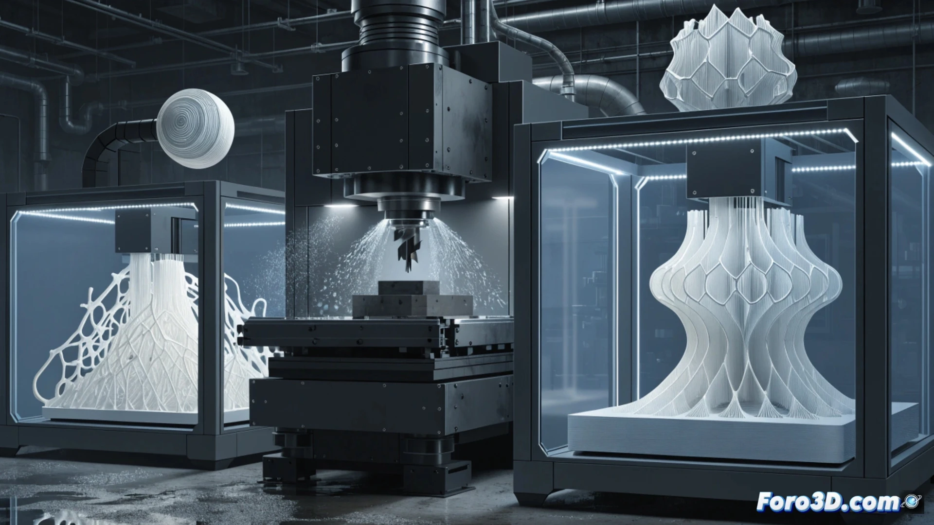 Fresador usando tableta junto a máquina CNC y piezas metálicas, con calzos de plástico impresos en 3D en primer plano.