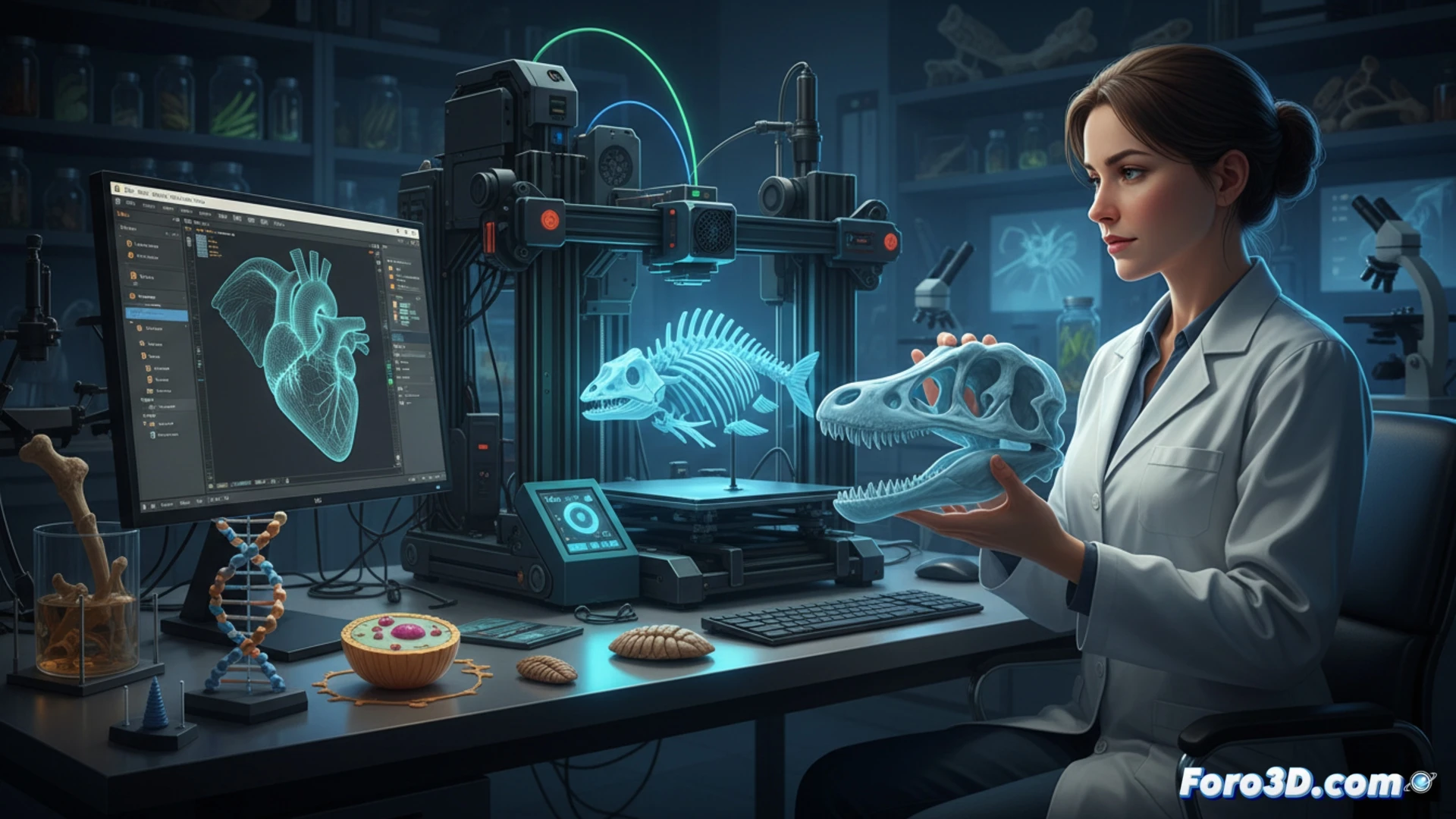 Descripción detallada para imagen (80-120 caracteres):  
Primer plano de un cráneo fósil impreso en 3D sobre una mesa de laboratorio, con herramientas digitales como Blender y Meshmixer en una pantalla táctil al fondo.
