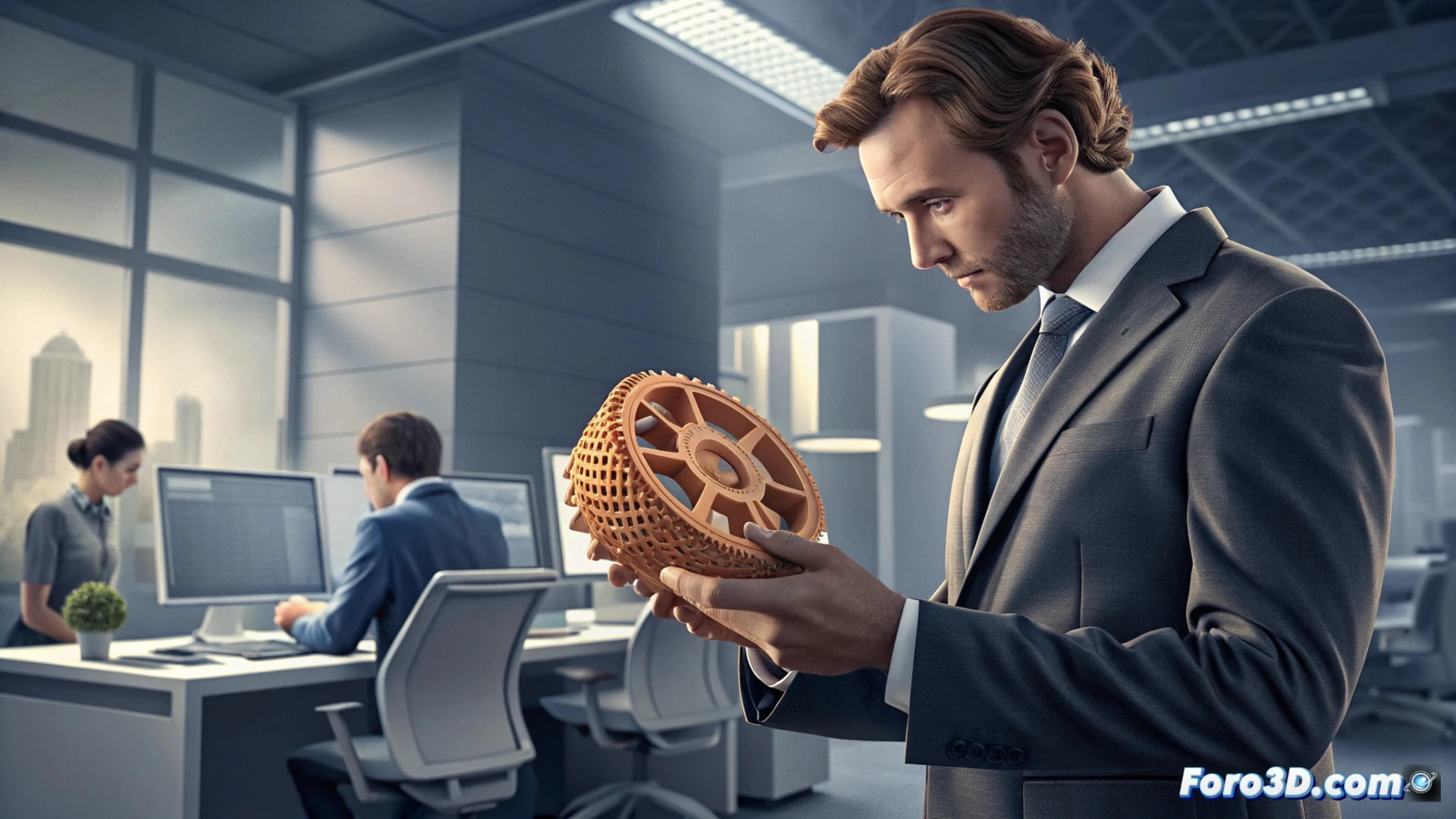 Comercial sostiene pieza impresa en 3D ante cliente, maqueta interactiva y prototipo realista sobre escritorio moderno.