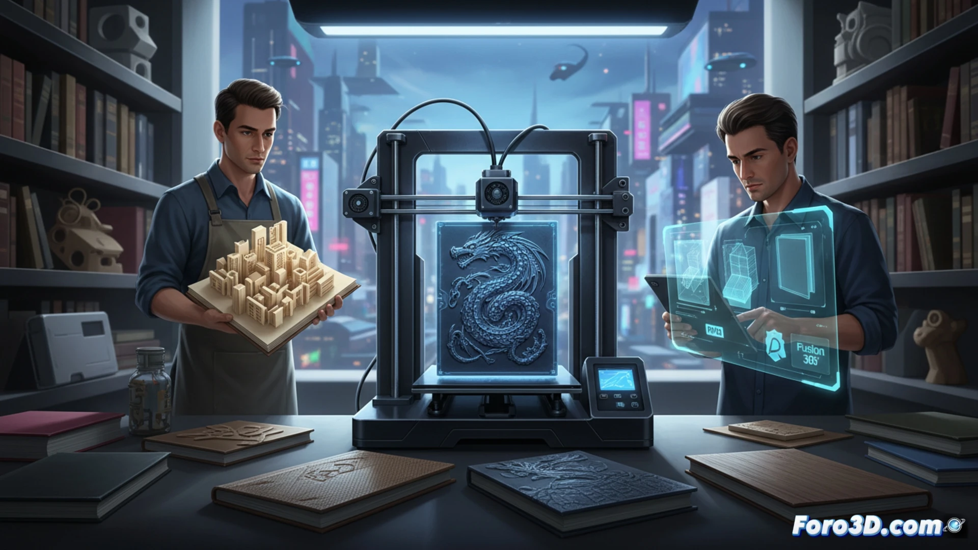 Descripción detallada de imagen para el artículo:

Primer plano de una impresora 3D creando una maqueta de libro pop-up, con una cubierta texturizada y letras en relieve visibles. Al lado, herramientas digitales como Blender y Fusion 360 en pantalla.

Descripción breve (80-120 caracteres): Impresora 3D fabricando maqueta de libro pop-up con texturas en relieve, junto a software de modelado como Blender y Fusion 360.