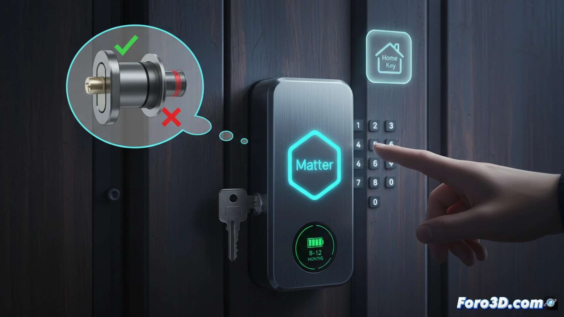 Close-up technical illustration of a smart lock installation process, homeowner holding a digital caliper measuring door edge thickness while a Matter-compatible smart lock sits on a workbench next to a lithium battery pack, smartphone screen showing Apple Home Key interface, a metal cylinder key and backup PIN keypad visible, exploded view of lock components including deadbolt and strike plate, cinematic engineering visualization with cross-section lighting, photorealistic product design render, metallic textures, precise measurement marks on caliper, subtle blue LED indicators on lock, dramatic shadow play highlighting mechanical parts