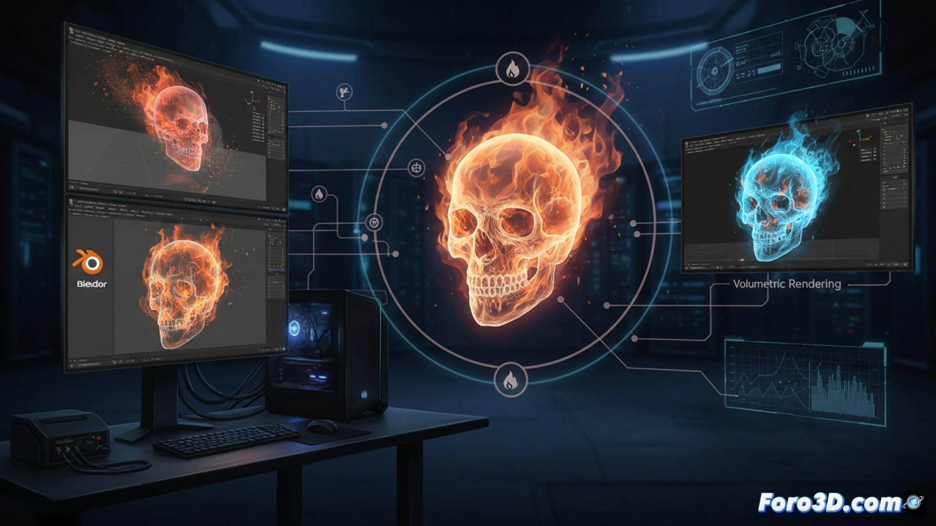 Cráneo humano envuelto en llamas, simulación de fuego en VFX, efecto visual de Blazing Skull