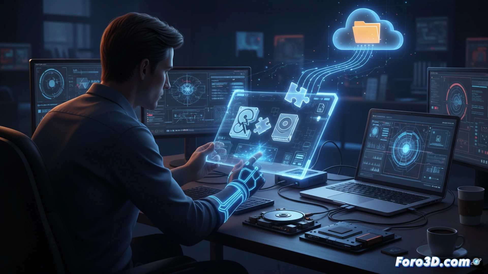 photorealistic technical illustration of a rescue operation on a computer desk, user hand pressing stop button on SSD drive to halt all activity, second hand inserting an SD card into a USB reader connected to a laptop running Recuva software interface, beside it a mechanical HDD with its circuit board exposed, a glowing digital clone of the disk being created on screen, tools like screwdriver and antistatic wrist strap visible, dramatic side lighting, deep blue and orange tones, cinematic action freeze-frame, ultra-detailed hardware textures, engineering visualization style