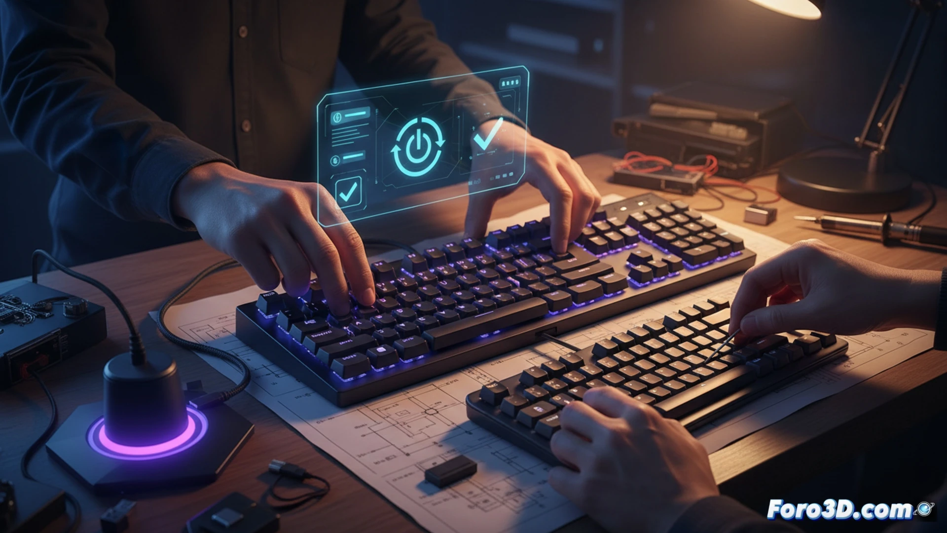Un teclado inalámbrico sobre una mesa, con una mano presionando el botón de reinicio en la base; cables sueltos y una taza de café al fondo.