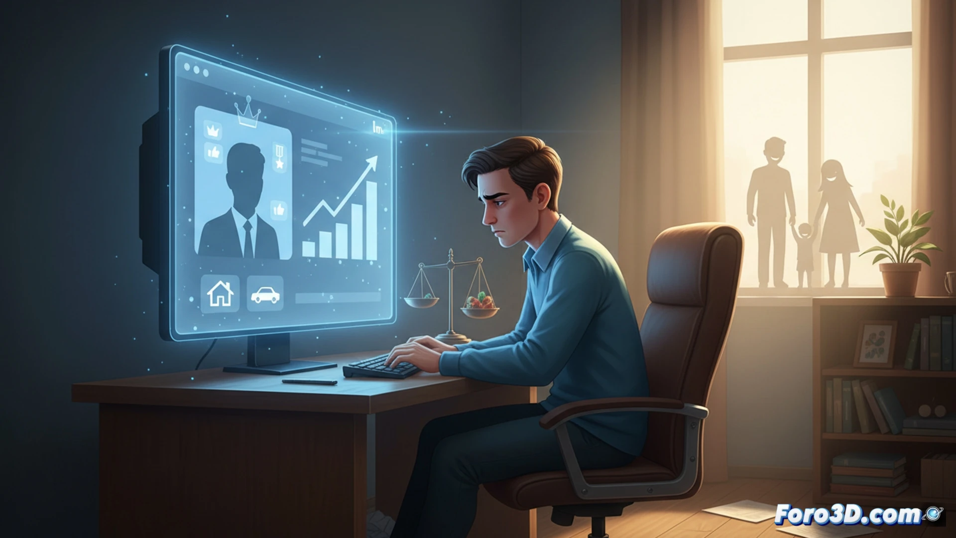 professional holding smartphone displaying LinkedIn profile with celebratory confetti animation, reflection of stressed face on screen glass, office desk with laptop showing unfinished project timeline, crumpled papers and coffee cup nearby, cinematic photorealistic style, dramatic chiaroscuro lighting, cool blue screen glow contrasting warm desk lamp, shallow depth of field focusing on phone screen, subtle motion blur on scrolling finger, technical elements include docking station and ergonomic keyboard, ultra-detailed textures on leather chair and metal desk surface
