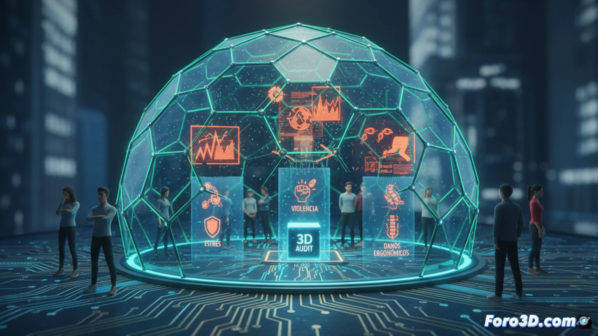 Modelo 3D de oficina con trabajador social supervisado por iconos de compliance digital y normativa laboral