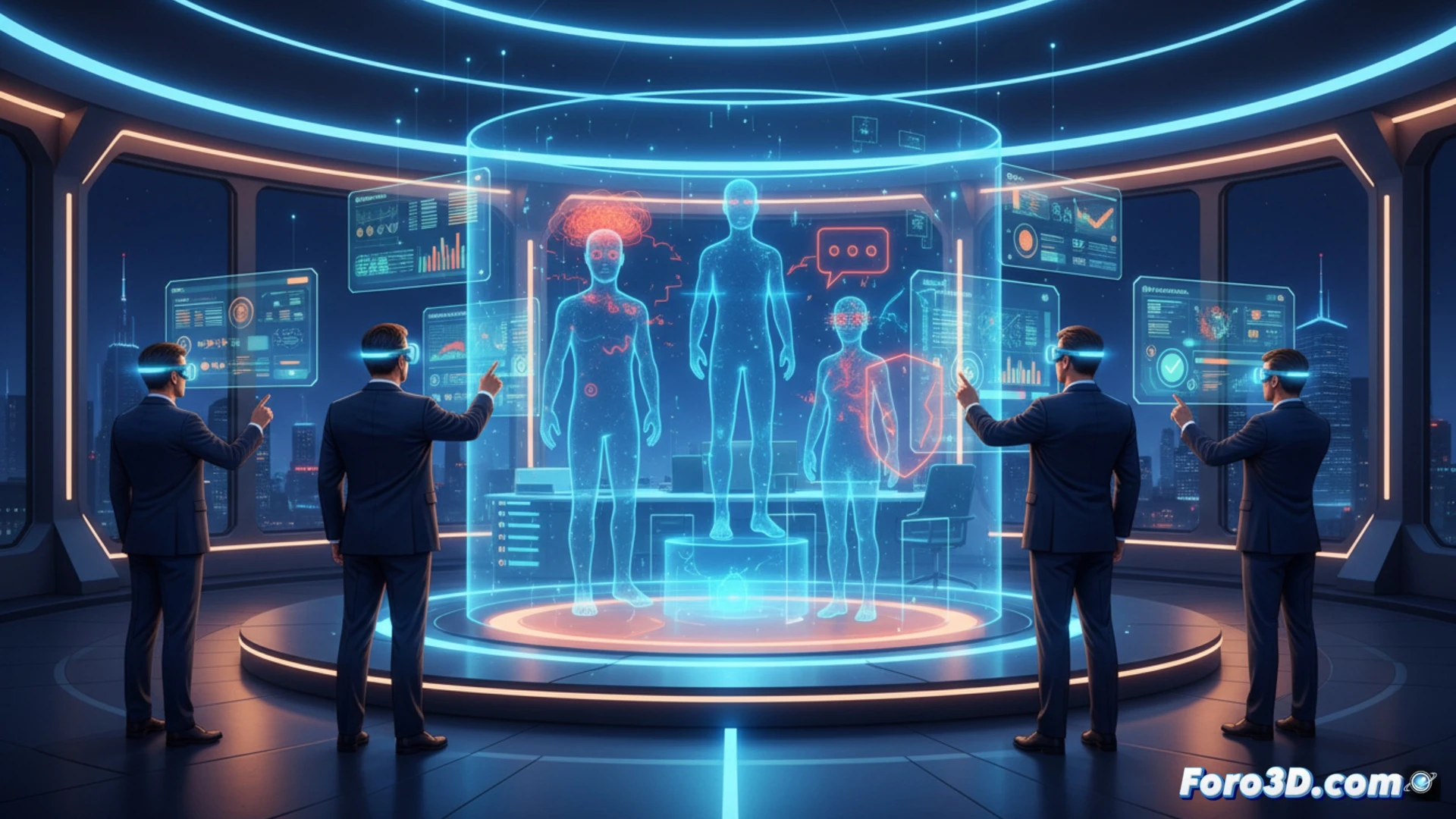 Simulación 3D de oficina pública con gestor estresado, fatiga visual y agresiones verbales en reunión virtual