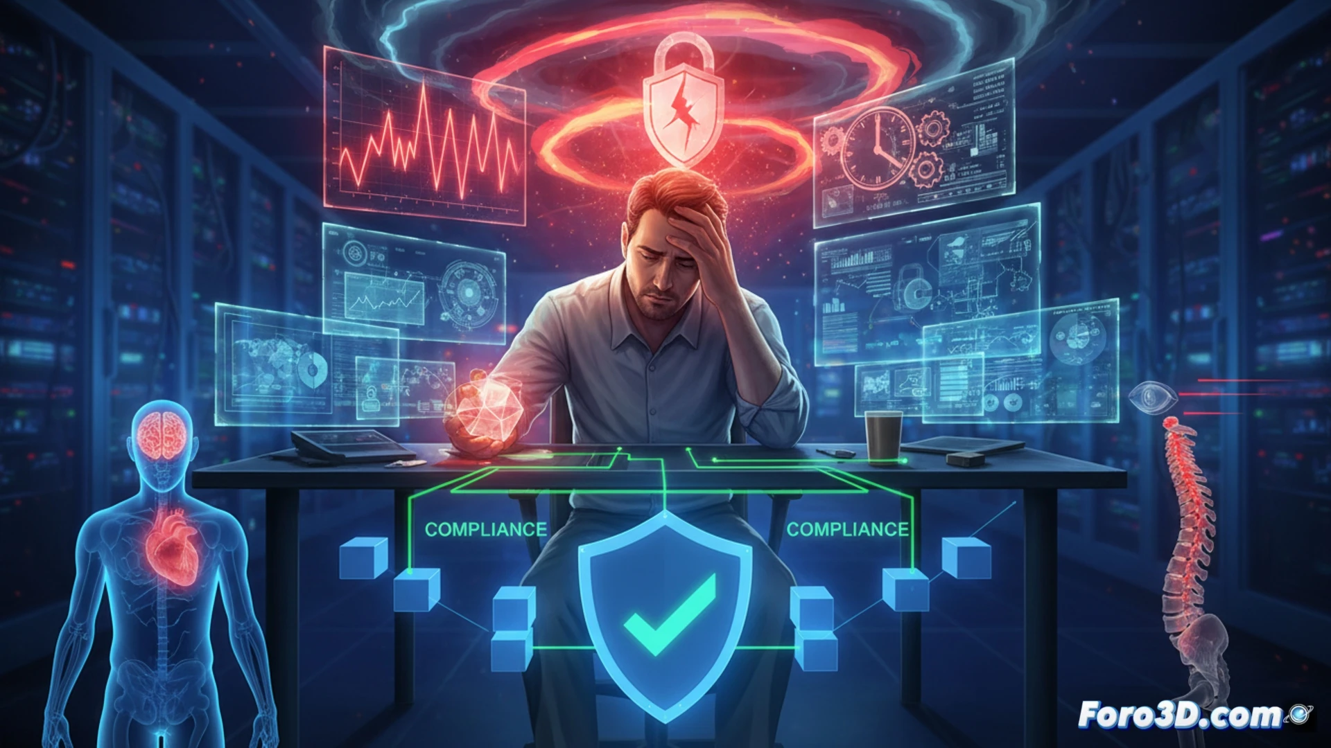 Programador blockchain con fatiga visual y estrés, pantallas de código y gráficos de criptomonedas