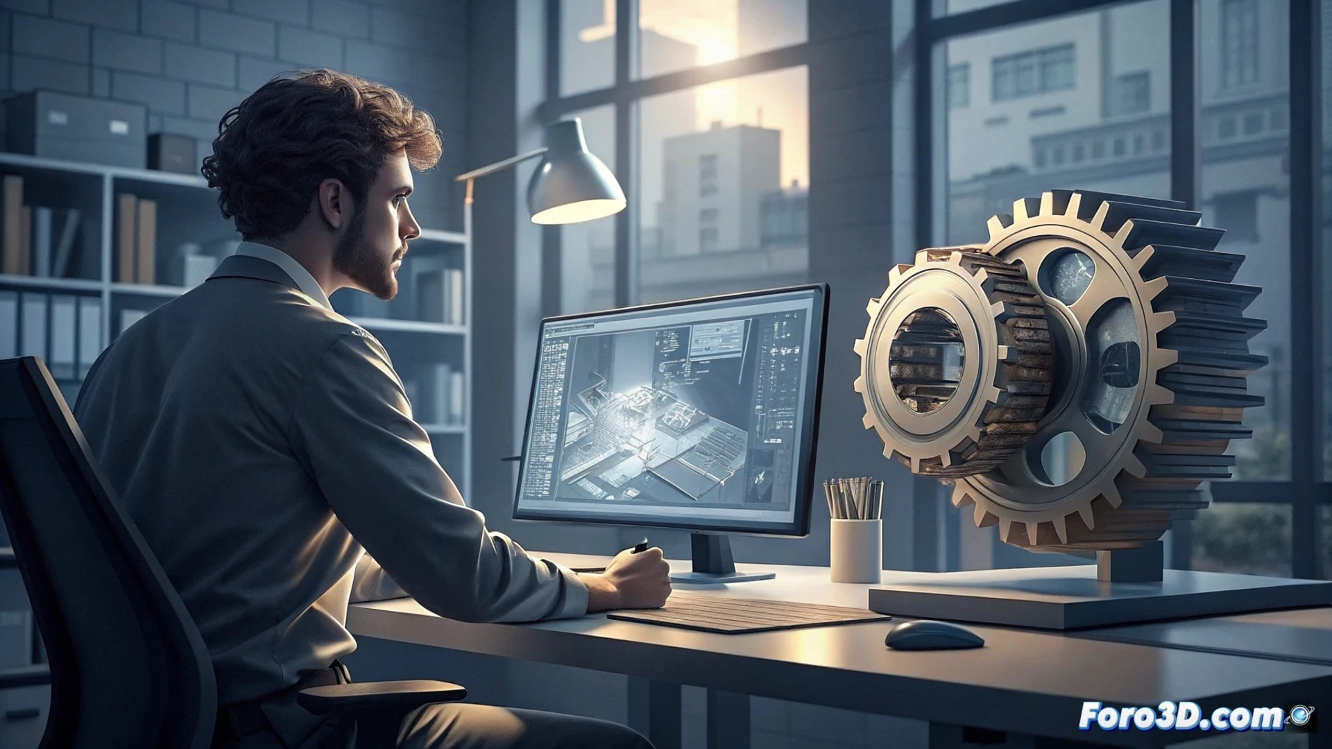 Comprador moderno revisa engranaje 3D en pantalla táctil, con planos 2D y muestras físicas sobre mesa de oficina industrial.