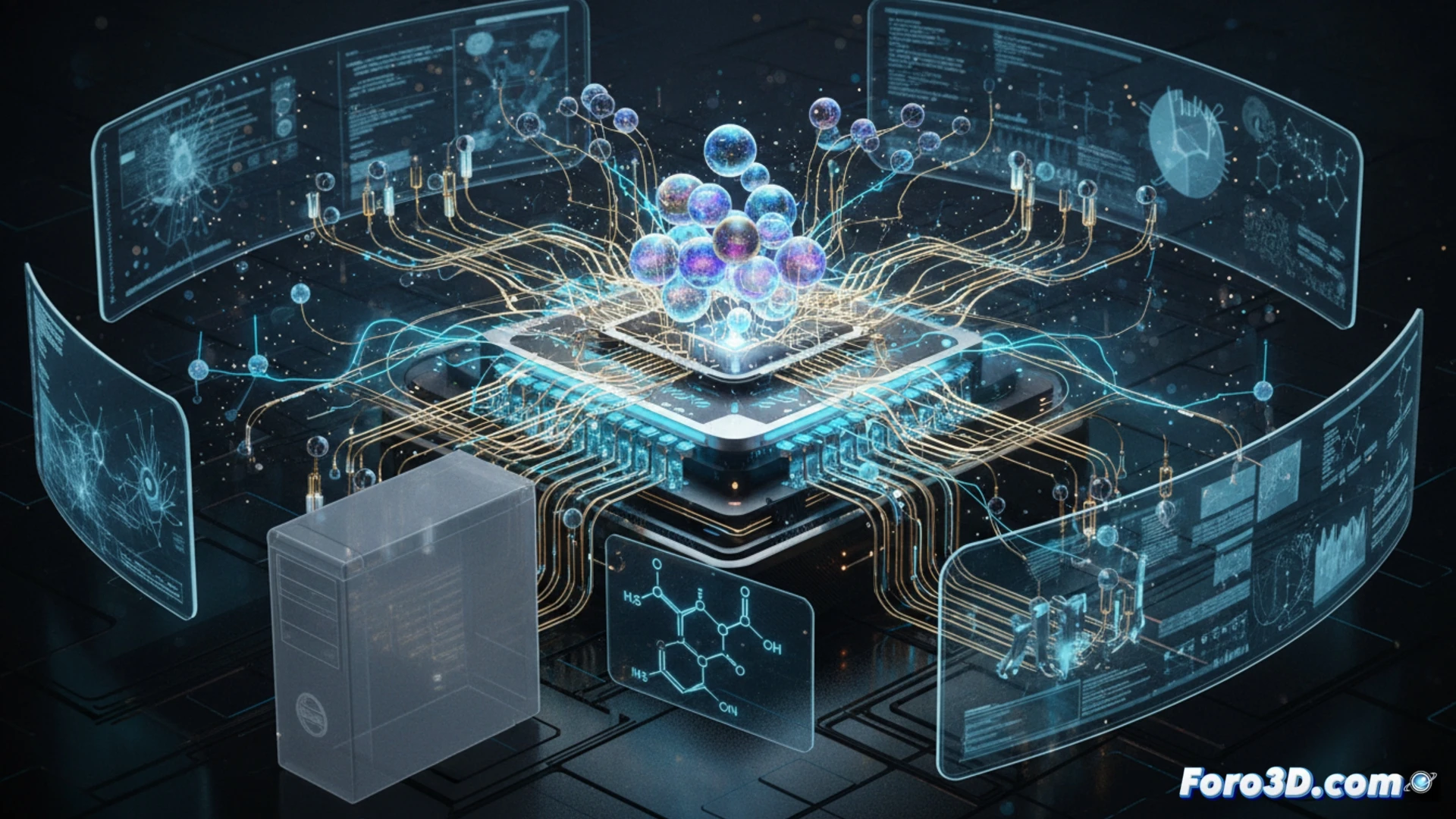 Descripción para imagen: Qubits brillantes en superposición, fondo de circuitos cuánticos y molécula de cafeína, simbolizando avance y promesa.
