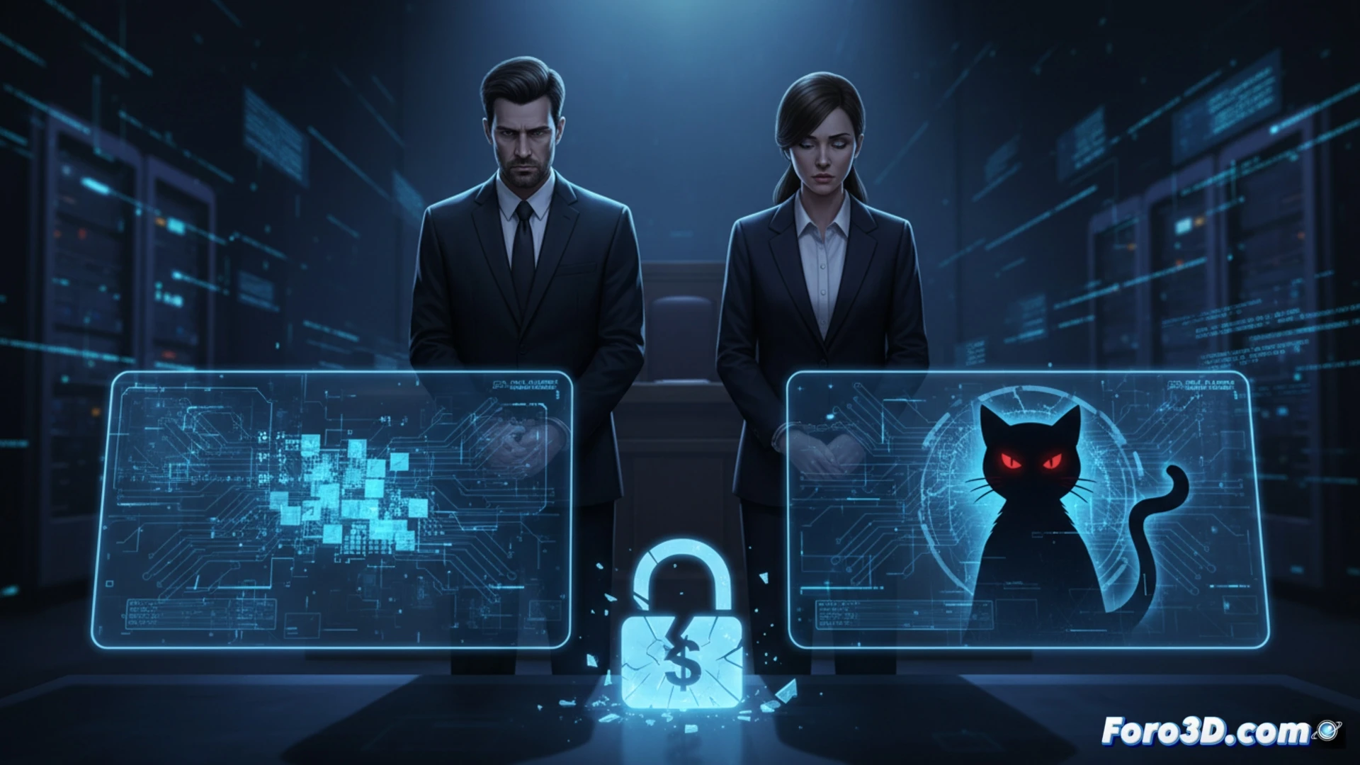 Dos ciberdelincuentes esposados ante un tribunal, con códigos maliciosos y pantallas de ransomware BlackCat de fondo.