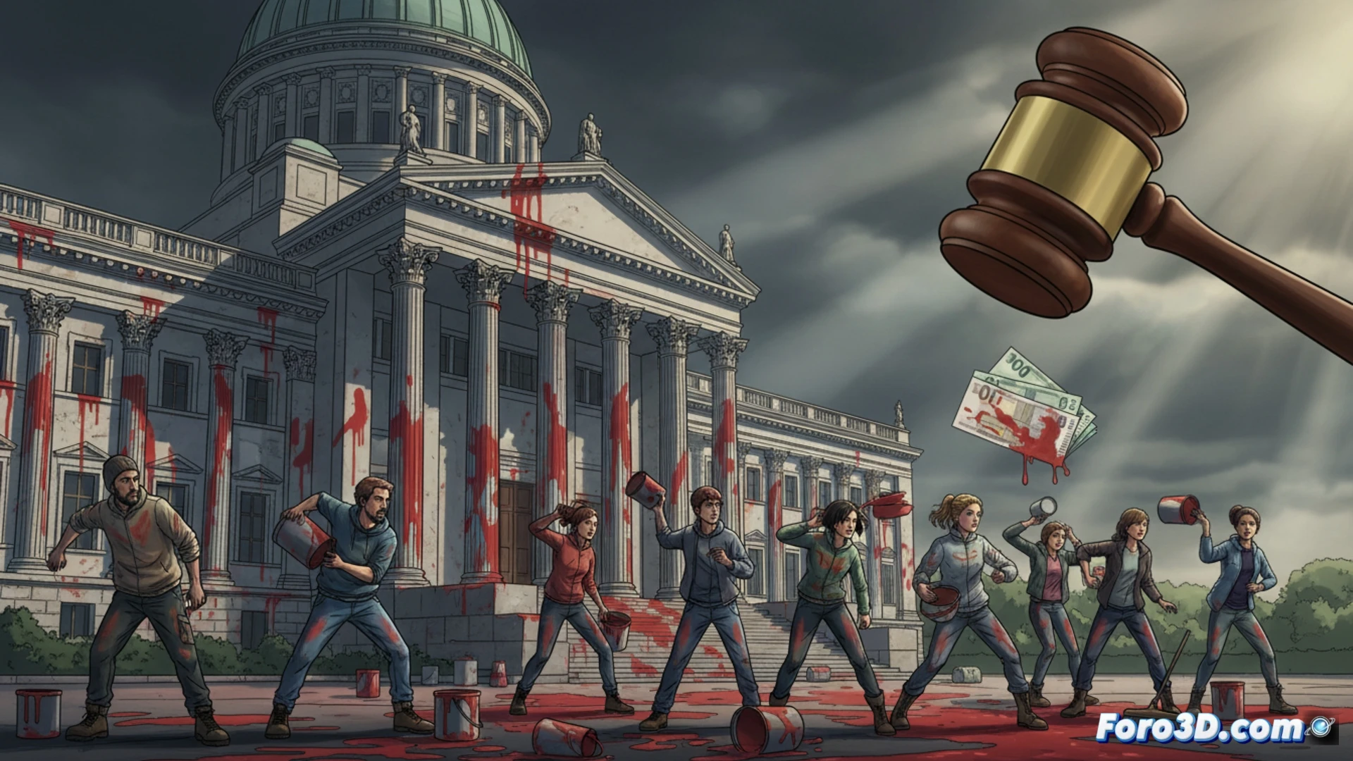 Photorealistic cinematic scene of activists throwing red paint at the steps of a parliament building, paint splashing across stone stairs and columns, security guards in suits reacting, protest signs held aloft, dramatic sunlight casting long shadows, wide-angle lens capturing the action, crowd of onlookers, architectural details of the neoclassical facade, high contrast lighting, motion blur on paint droplets, realistic textures of stone and fabric, journalistic documentary style