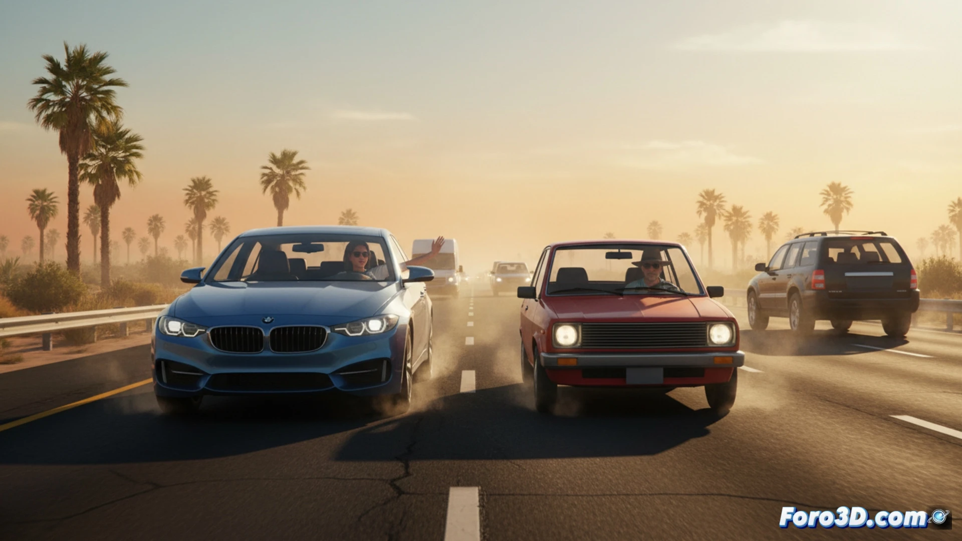 Imagen: dos autos en carretera bajo sol radiante, uno cede el paso con gesto amable; asfalto ondula por calor, reflejos de espejismo; ambiente de respeto y paciencia al volante.
