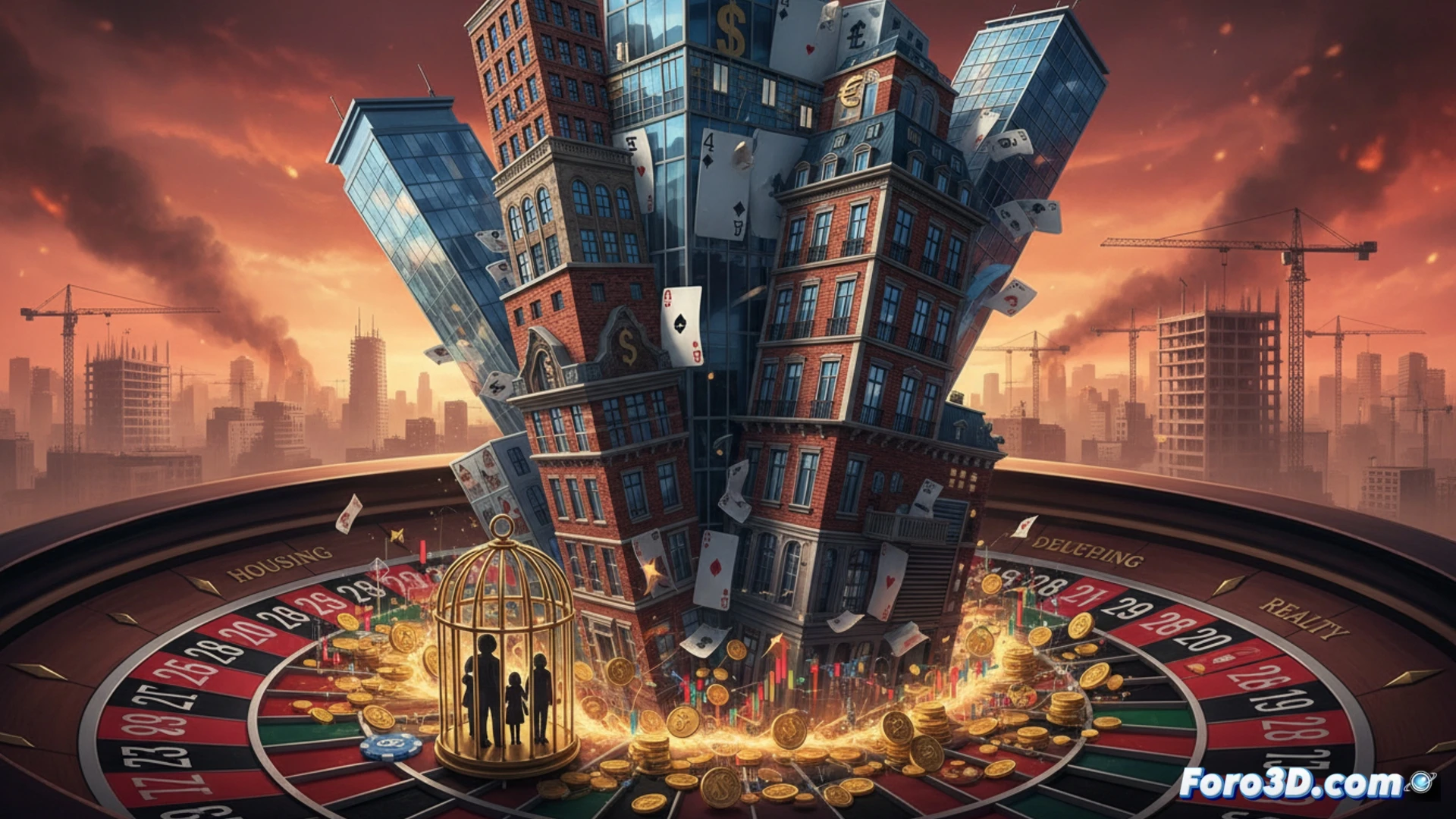 financial district skyline at dusk, a single crane constructing a skyscraper while beneath the ground a chaotic gambling table casino floor is visible through transparent earth cutaway, roulette wheels spinning with building plots as chips, dice labeled with mortgage contracts, architectural blueprints being shuffled by croupier hands, cinematic technical illustration, photorealistic split-view cross-section, dramatic chiaroscuro lighting, golden speculator chips stacking against steel beams, smoke rising from construction site mixing with casino haze, ultra-detailed urban infrastructure render