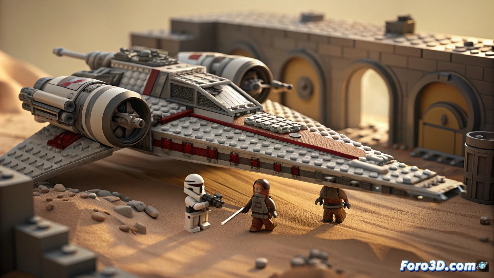 Una mesa con el set Lego del Mandalorian N-1 Starfighter, el logo de Star Wars de ladrillos y piezas sueltas, listo para armar el 4 de mayo.