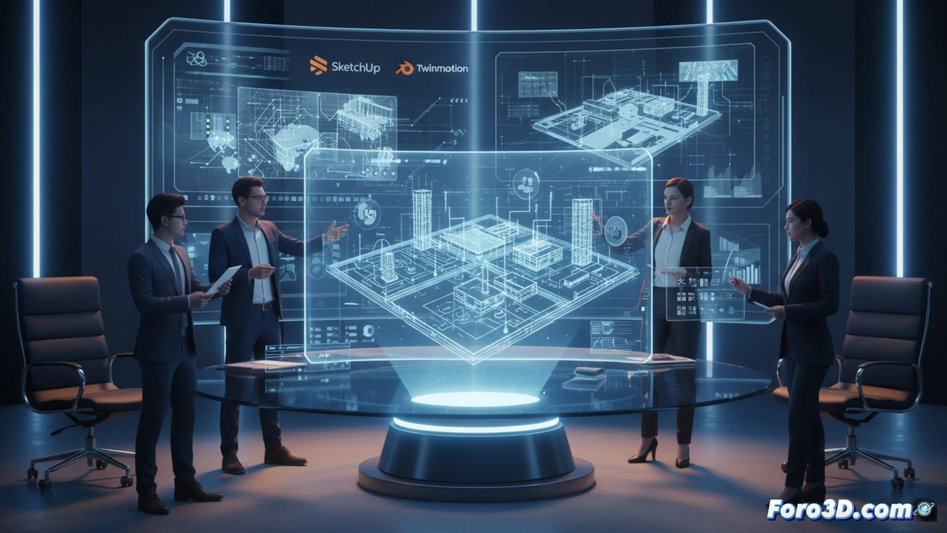 Un consultor señala una maqueta 3D de un almacén con estanterías y flujos animados, transformando datos en prototipos virtuales.