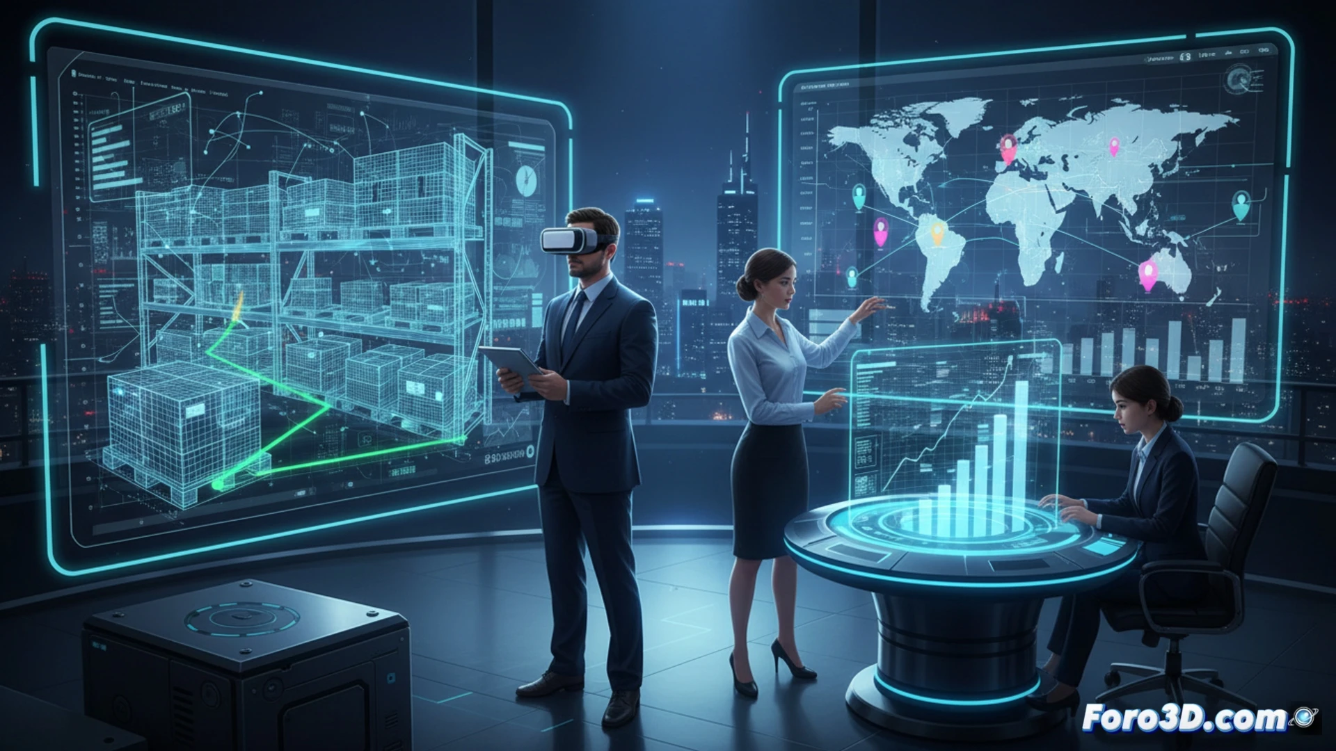 Descripción: Auditor en realidad virtual explora un almacén 3D con gráficos financieros flotantes, mientras una hoja de cálculo se desvanece al fondo.