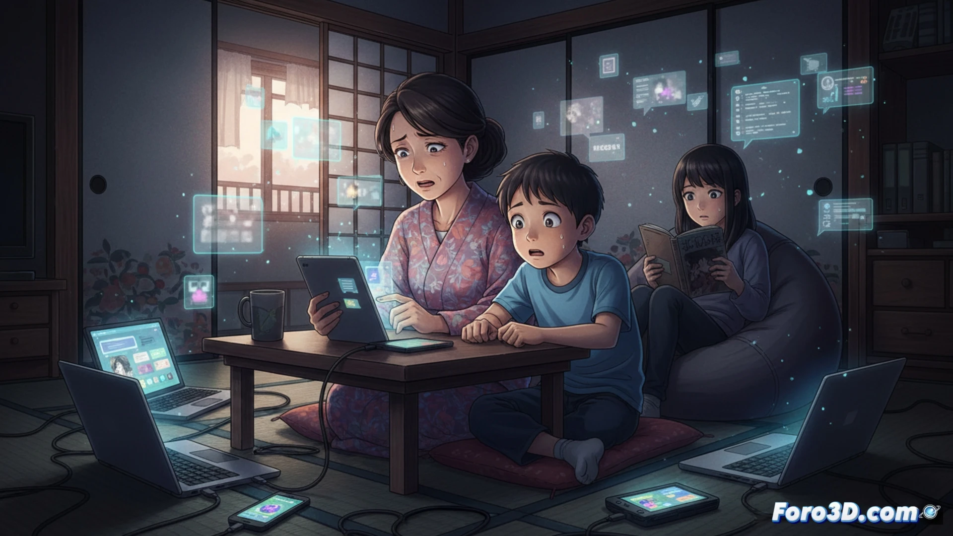 Photorealistic scene of a mother in a dim Osaka living room, holding a smartphone showing blurred obscene chat messages, while a boy and a girl sit at a low table, one with a tablet displaying manga panels, the other with a laptop showing pop-up warning icons, a glowing router nearby, parental control app interface floating transparently above the devices, digital shield symbols flickering around children, cinematic lighting, dark blue and magenta tones, ultra-detailed home interior, emotional tension, technical illustration style