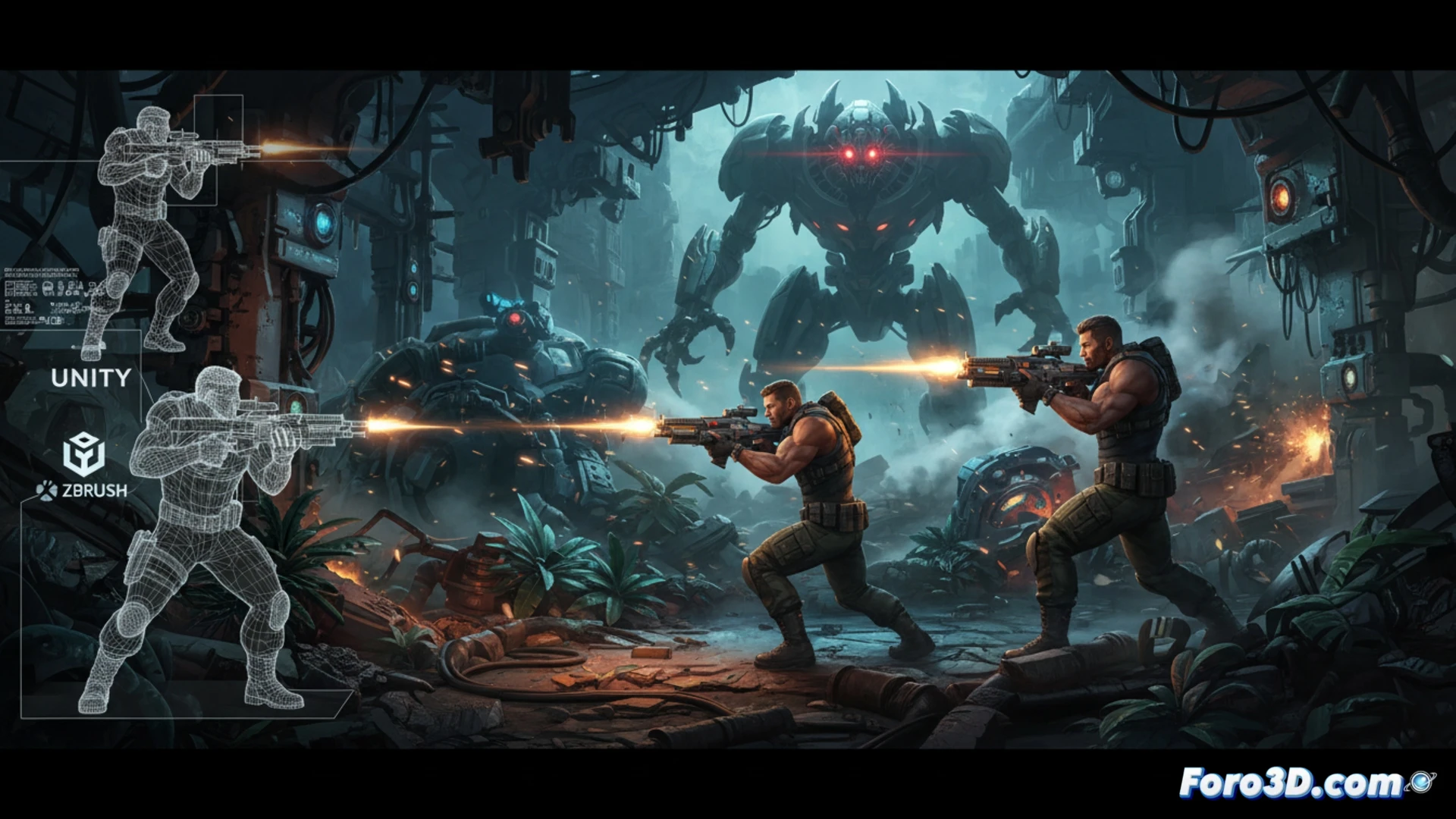 Contra Operation Galuga pipeline 2.5D en Unity con Maya y ZBrush modelos 3D sobre fondo 2D