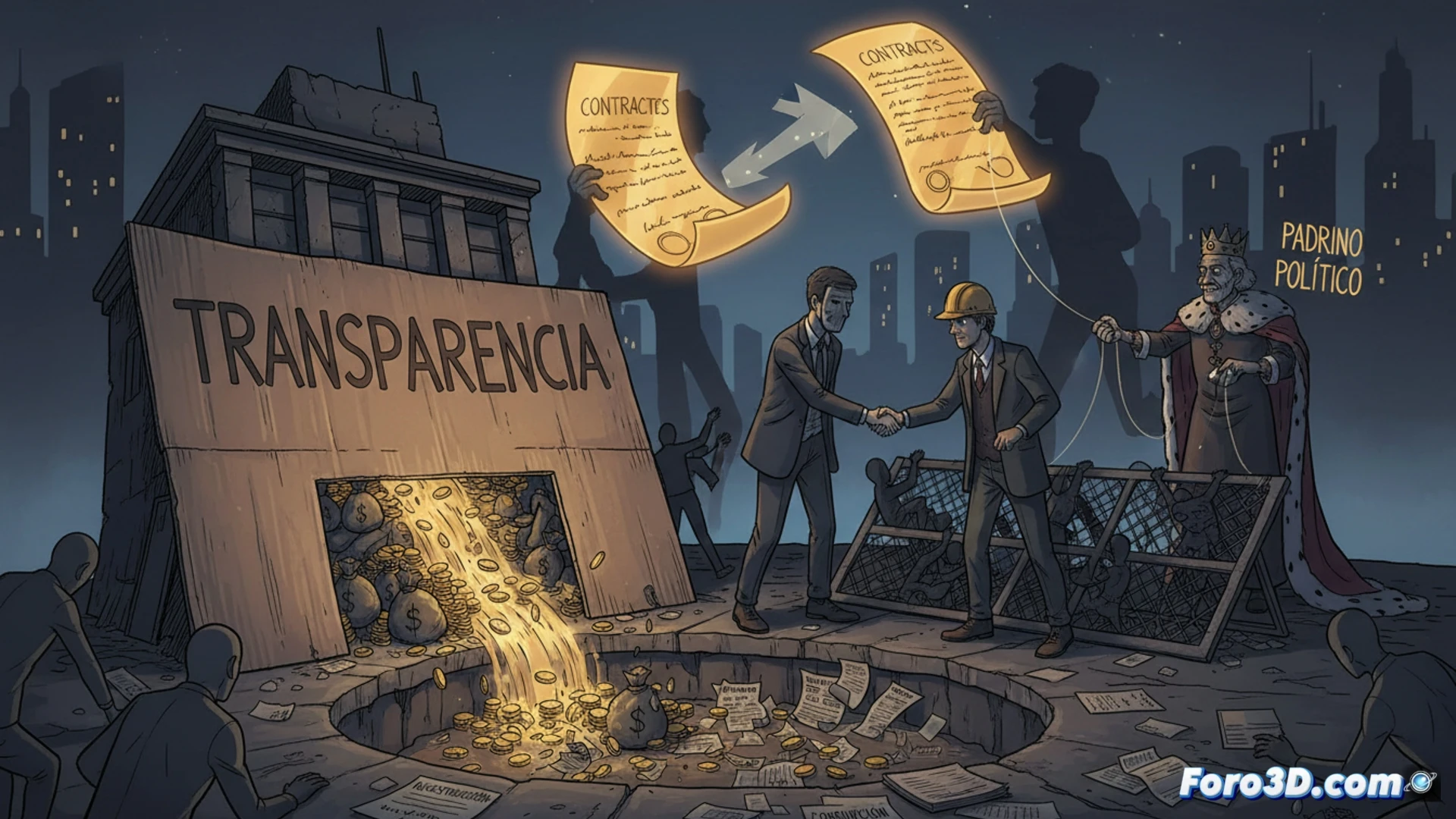 photorealistic cinematic scene of a government contract signing ceremony, a transparent glass table with official documents and a glowing digital audit screen showing red flags and corruption alerts, a hand in a tailored suit holding a gold pen while another hand in shadow passes a stack of money under the table, broken padlock icon on a laptop displaying a fake transparency seal, blurred background of marble pillars and flags, dramatic chiaroscuro lighting, high contrast shadows, ultra-detailed textures on paper and metal, technical illustration style, wide-angle lens, tension in the composition