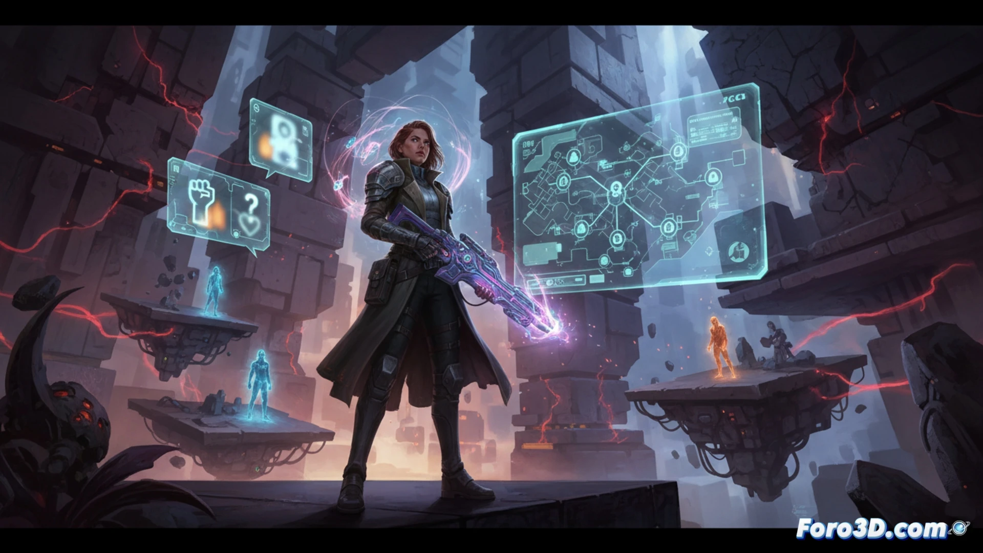 Una imagen conceptual de Jesse Faden en la Oficina Federal de Control, frente a un mapa no lineal iluminado, rodeada de opciones de diálogo y misiones secundarias flotantes, simbolizando la base RPG del juego.
