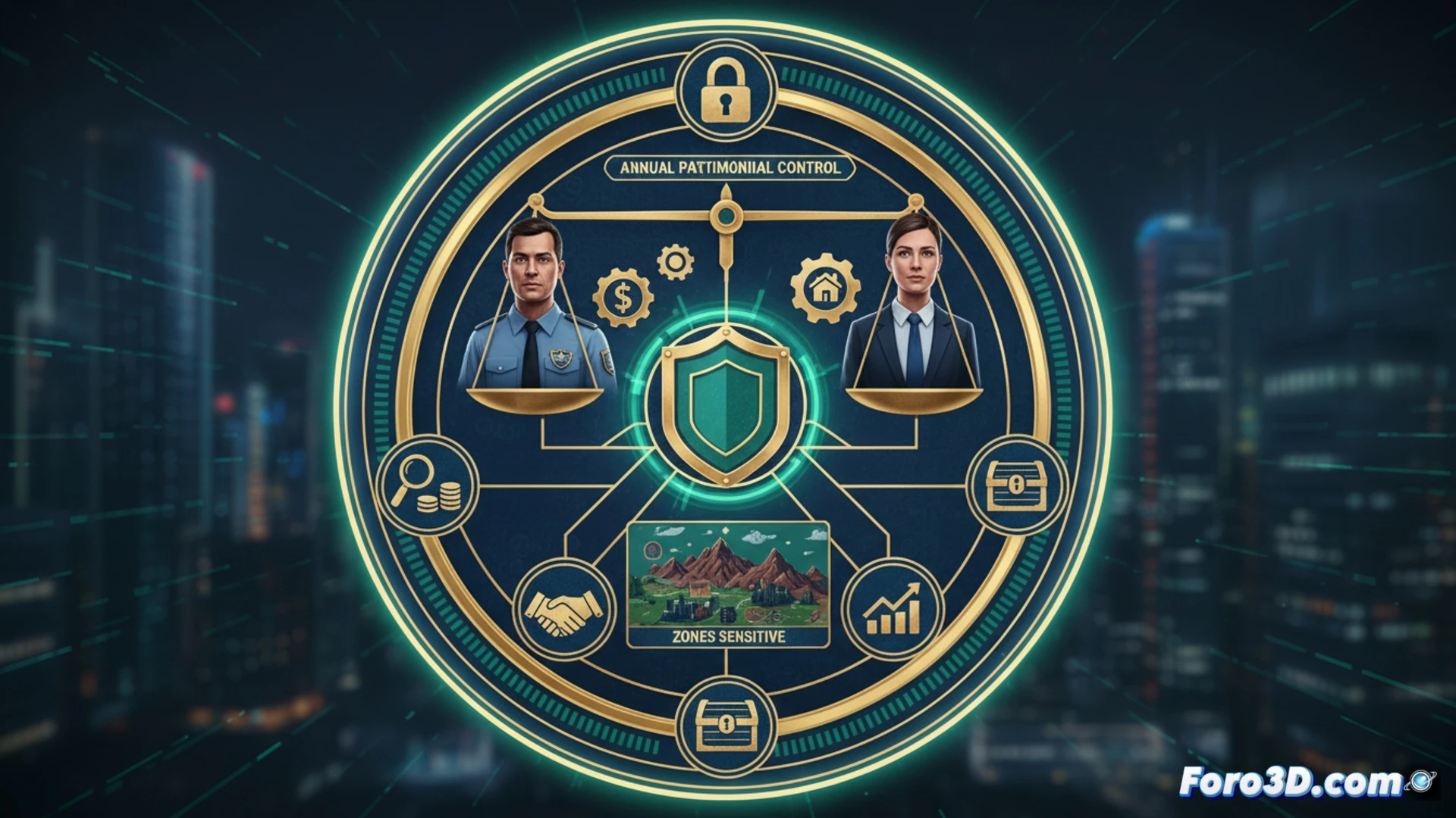 Documento oficial sobre escritorio, oficial de seguridad revisando declaración patrimonial anual, monitor mostrando base de datos con perfiles de agentes en zonas sensibles, sello de verificación junto a expediente abierto, lupa sobre columna de evolución de bienes, luz de pantalla iluminando rostro concentrado, estética de ilustración técnica corporativa, fotorealismo con tonos azules y grises, ambiente de oficina gubernamental, superficies limpias y ordenadas, cámara cenital con ligera inclinación.