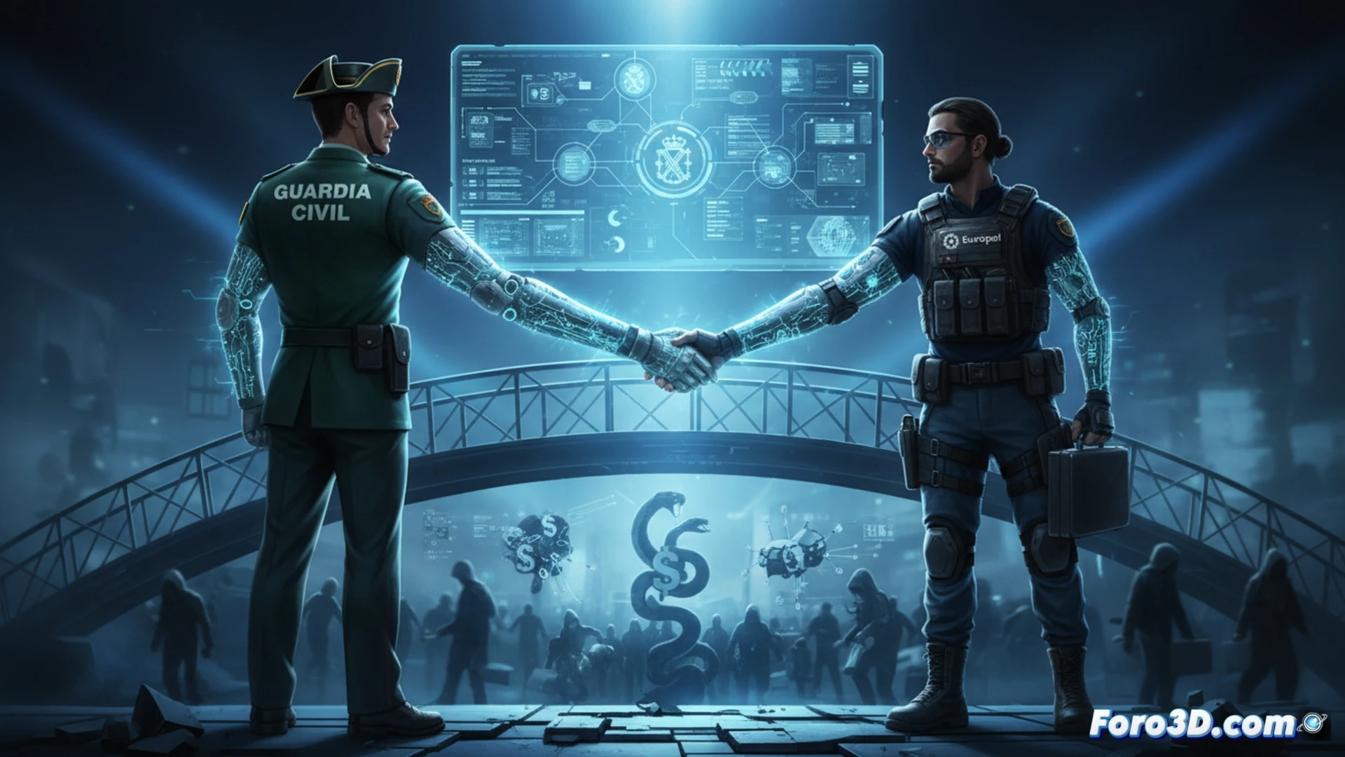 Guardia Civil officer standing before holographic Europol interface, real-time crime data streaming across multiple transparent screens, fingerprint and facial recognition scanning simultaneously, encrypted server racks blinking in background, tactical vest with insignia visible, hand moving to swipe digital evidence files, cinematic technical visualization, cool blue and white lighting, data lines connecting across screens, photorealistic engineering render, ultra-detailed command center environment, dramatic operational atmosphere