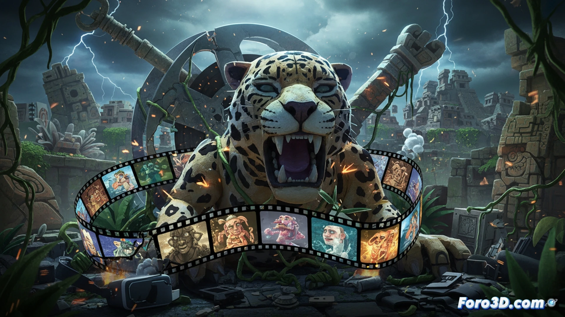 cineasta hondureño sentado frente a una estación de trabajo con múltiples monitores mostrando software de animación, interfaz de IA generativa con barras de progreso y alertas de error, personajes mayas pixelados con distorsiones grotescas en sus rostros durante una escena de acción, texturas borrosas y artefactos de renderizado visibles en los modelos 3D, teclado con teclas desgastadas y una taza de café vacía, fondo con póster de la película Copán: La leyenda parcialmente rasgado, iluminación fría de estudio técnica, estilo cinematic photorealistic engineering visualization