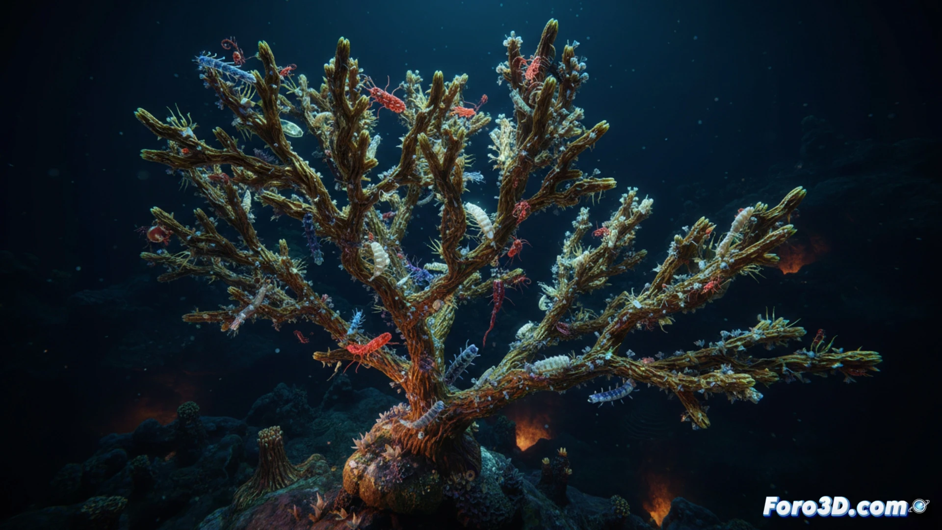 Esqueleto metálico dorado de coral Chrysogorgia en ramificaciones tridimensionales de las profundidades del océano Pacífico