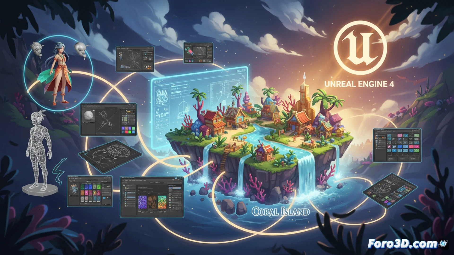 Coral Island escena tropical con granja y personajes anime en Unreal Engine 4