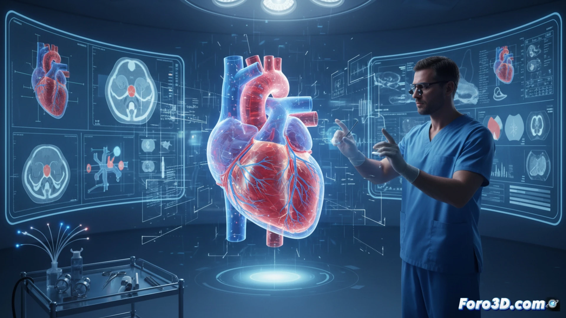 Un cirujano examina un corazón humano translúcido en 3D, con válvulas detalladas, proyectado sobre un fondo de tomografía médica.