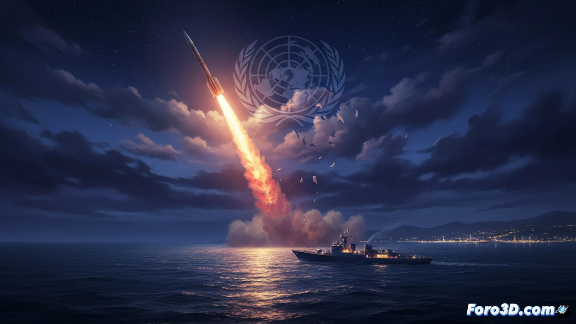 North Korean missile launch over Yellow Sea at dawn, ballistic missile with bright exhaust trail ascending from mobile launcher, military radar screens showing trajectory path, warships on alert in distant waters, satellite tracking systems monitoring flight path, photorealistic cinematic visualization, dramatic storm clouds and ocean waves, glowing orange contrail against dark blue sky, ultra-detailed launch vehicle and military equipment, tense geopolitical atmosphere, high-contrast lighting, technical military illustration style