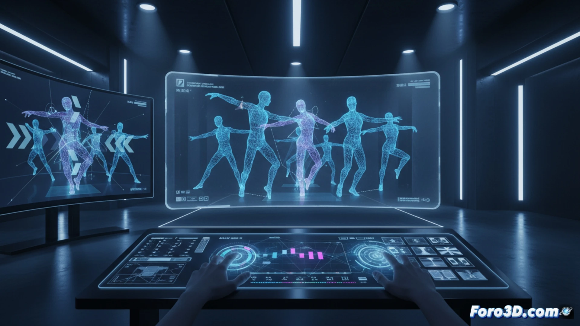 Un coreógrafo manipula figuras humanas 3D en una pantalla, creando movimientos precisos y formaciones sin escenario ni bailarines reales.