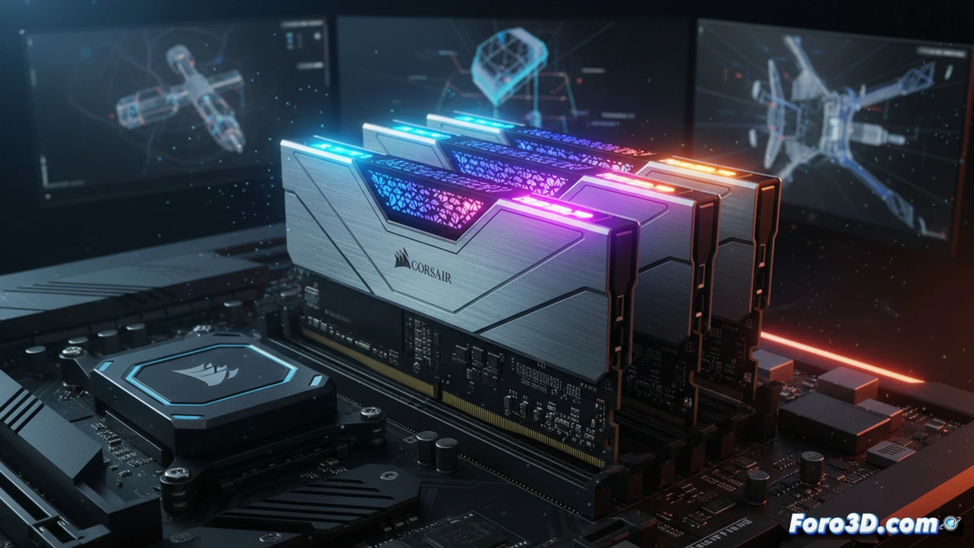 Corsair Dominator Titanium DDR5 memory modules installed on a high-end motherboard, aluminum heatsinks glowing with customizable RGB lighting while a digital multimeter probes measure voltage during extreme overclocking, 3D rendering software interface visible on a monitor showing complex wireframe models, cooling fan blowing across the RAM sticks, heat waves distorting air above the modules, cinematic engineering visualization, photorealistic technical render, dramatic blue and silver metallic reflections, macro lens focus on memory chips and thermal pads, industrial studio lighting