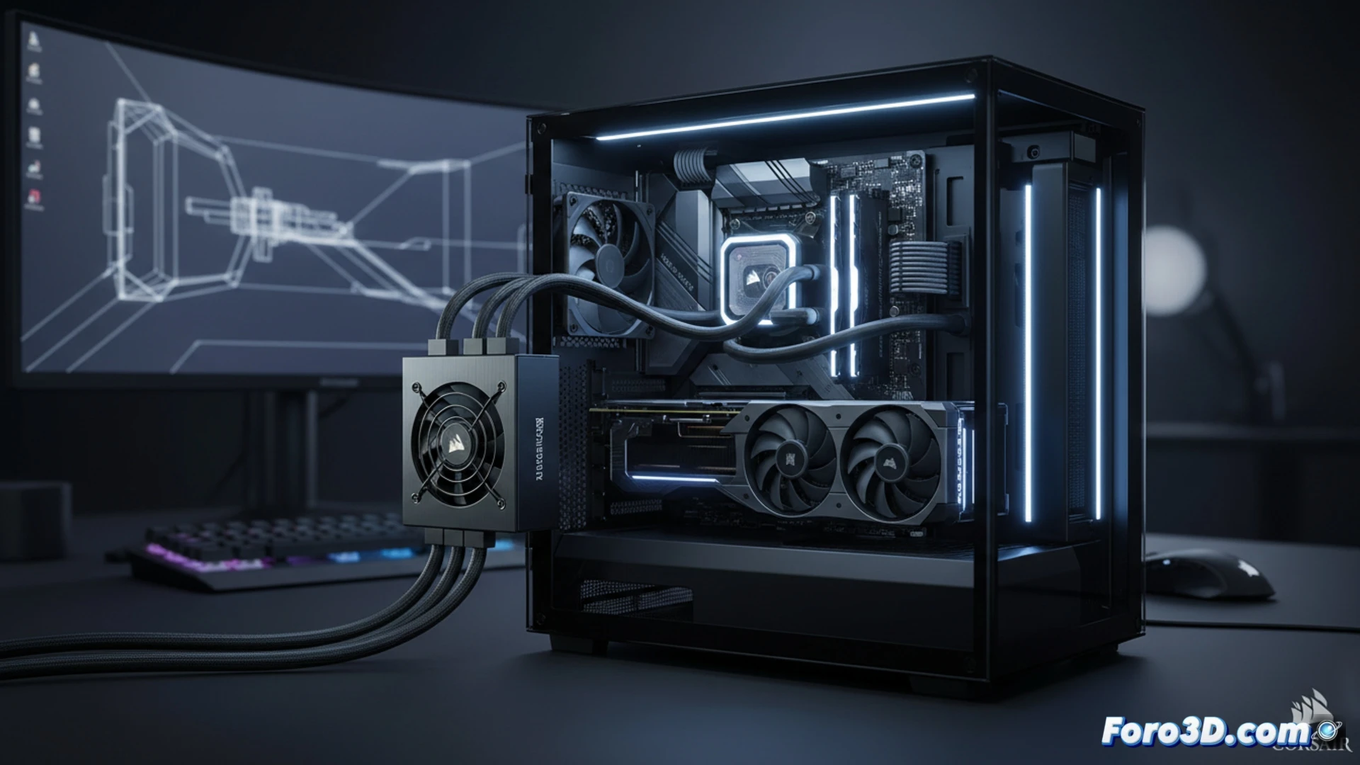 Mini-ITX case open on a workbench, Corsair SF1000 2024 power supply being installed into the compact chassis, modular cables routed tightly against the frame, thermal imaging overlay showing cool airflow paths through the dense interior, small screwdriver and cable ties beside the case, engineering visualization style, metallic silver and black components, precise lighting highlighting the SFX form factor and dense internal layout, photorealistic technical render, dramatic shadows emphasizing the space constraints, ultra-detailed connectors and fan grille