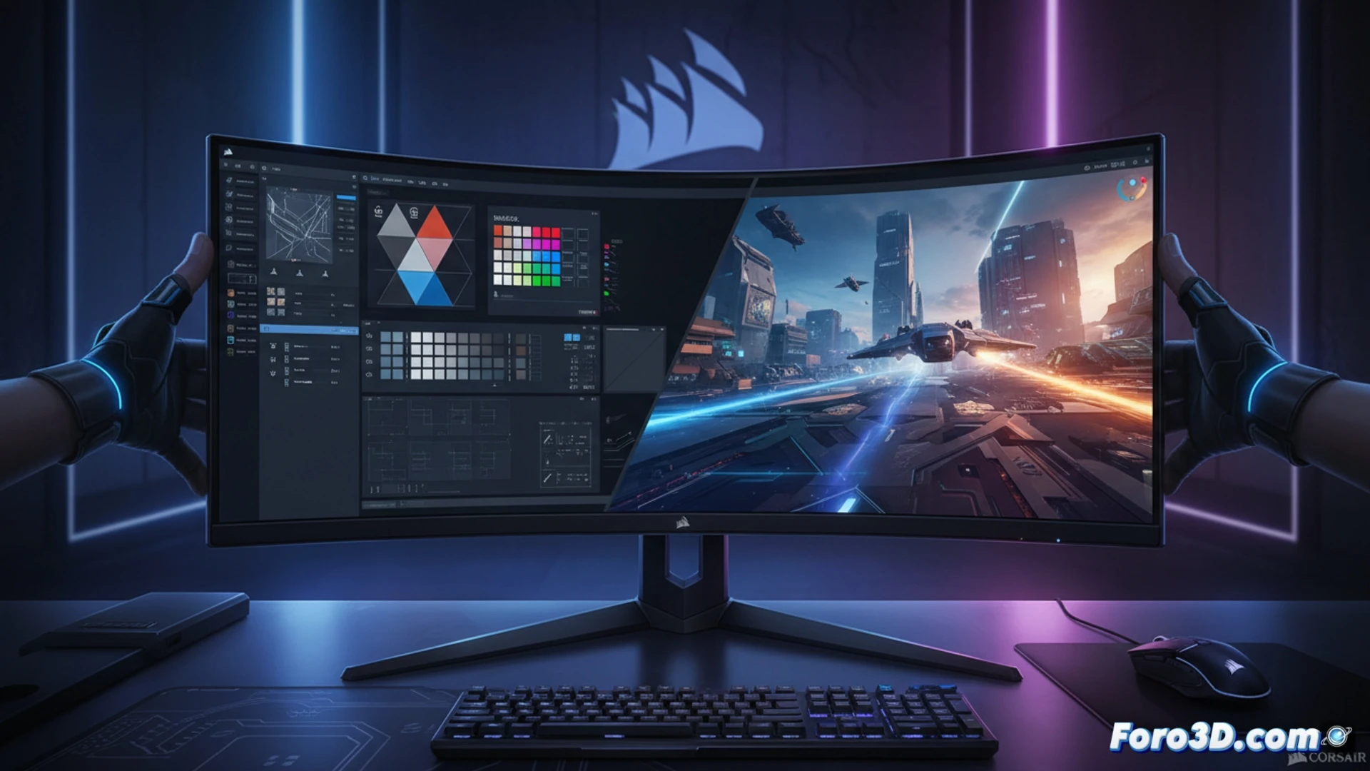 Ultra-wide 45-inch OLED monitor being physically bent by a user’s hands, transitioning from flat to 800R curvature, screen surface showing subtle flex lines and pixel grid distortion during the bending process, desk setup with 3D modeling software interface on left side and a racing game HUD on right side, mechanical hinge mechanism visible at the back, cable management arms and cooling vents exposed, cinematic engineering visualization, photorealistic technical render, dramatic studio lighting with rim lights on the curved edges, metallic and matte black textures, hyper-detailed panel layers and internal frame structure, no text or labels visible