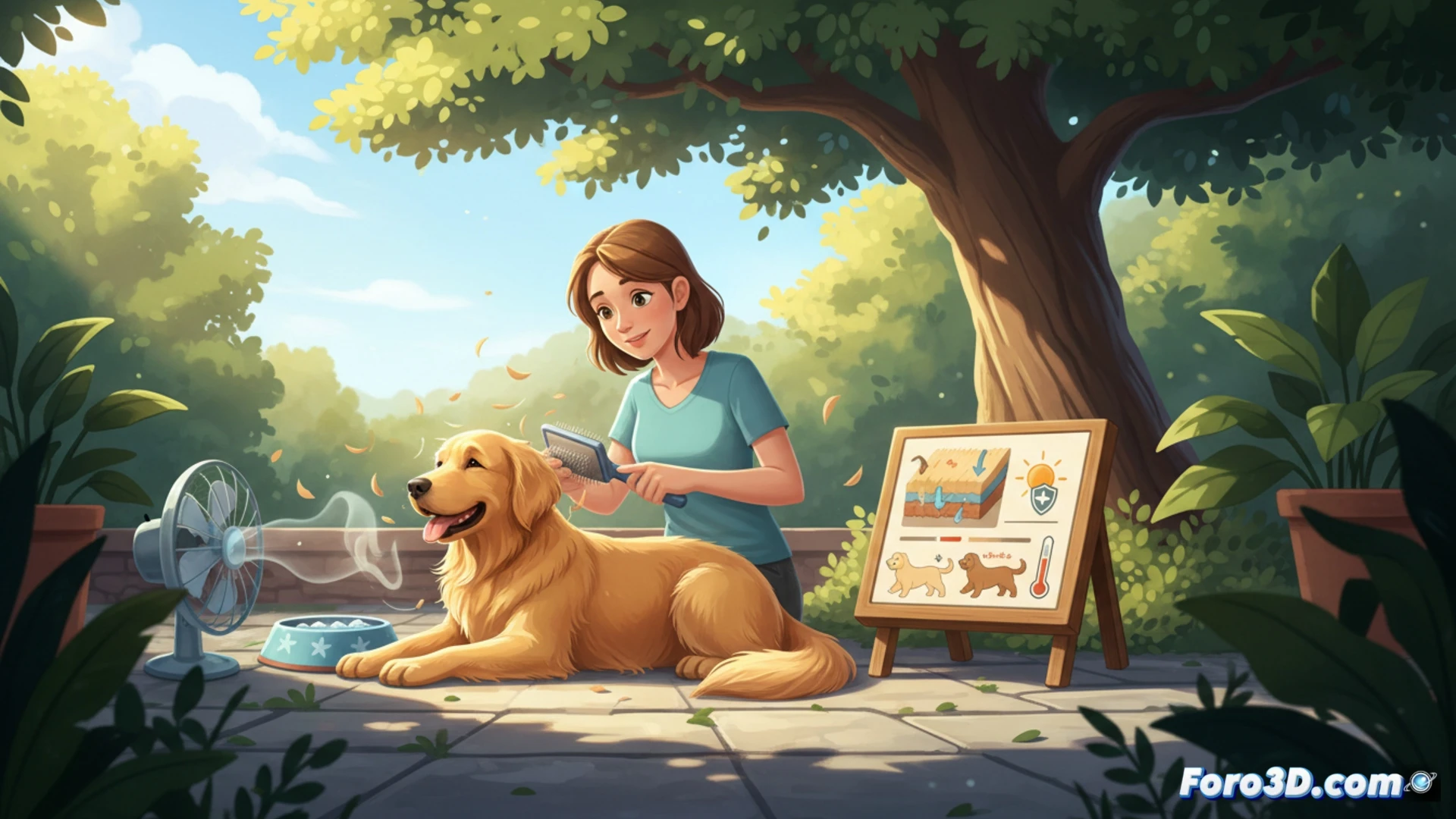 Photorealistic technical illustration of a golden retriever panting heavily near a floor fan during a 40-degree summer heatwave, owner holding electric clippers with hesitation, dog’s thick fur coat visibly trapping heat while skin temperature sensors on its back show overheating zones in red, a cutaway diagram on a tablet beside them demonstrating how double coats insulate against heat instead of cooling, sunlight streaming through a window casting sharp shadows, cinematic lighting, ultra-detailed fur texture, sweat droplets on dog’s nose, engineering visualization style, realistic home interior with technical annotations implied through scene elements