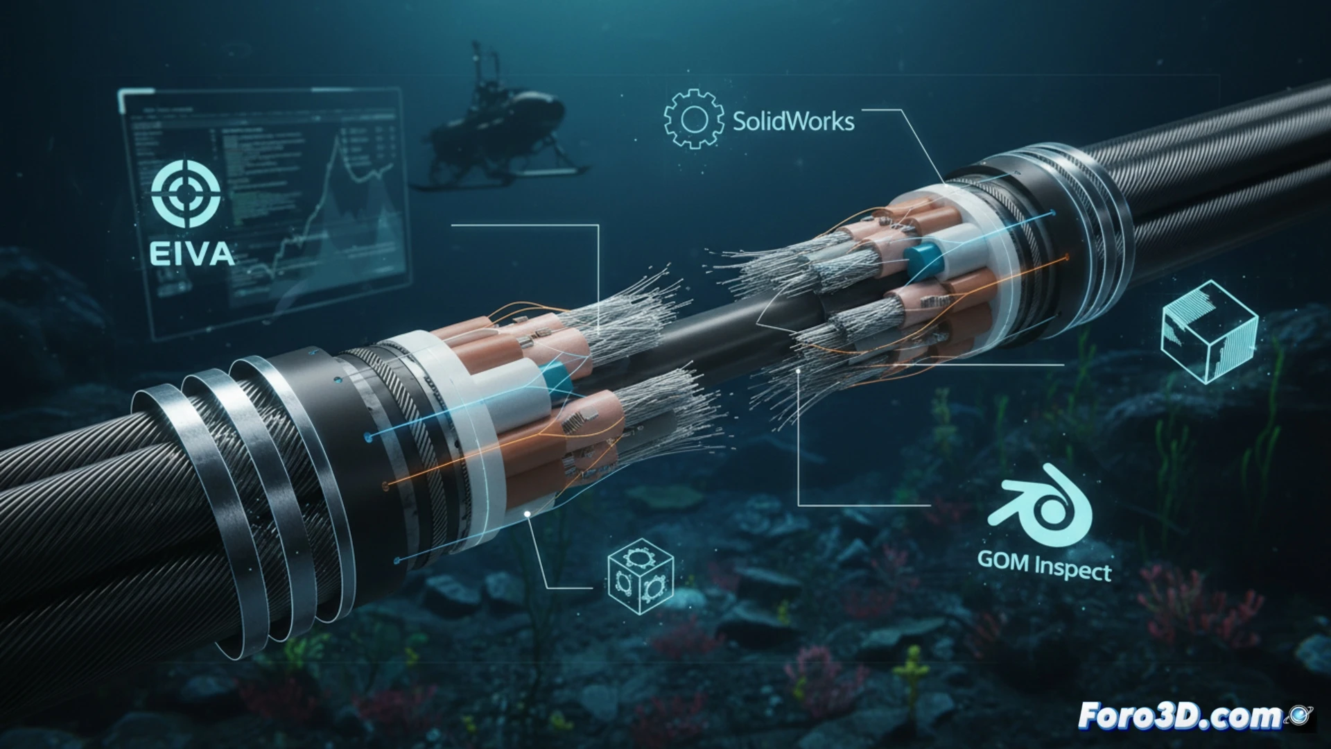 Corte fibra optica submarina evidencia 3D sabotaje cizalla hidraulica escaneo laser metrologia digital