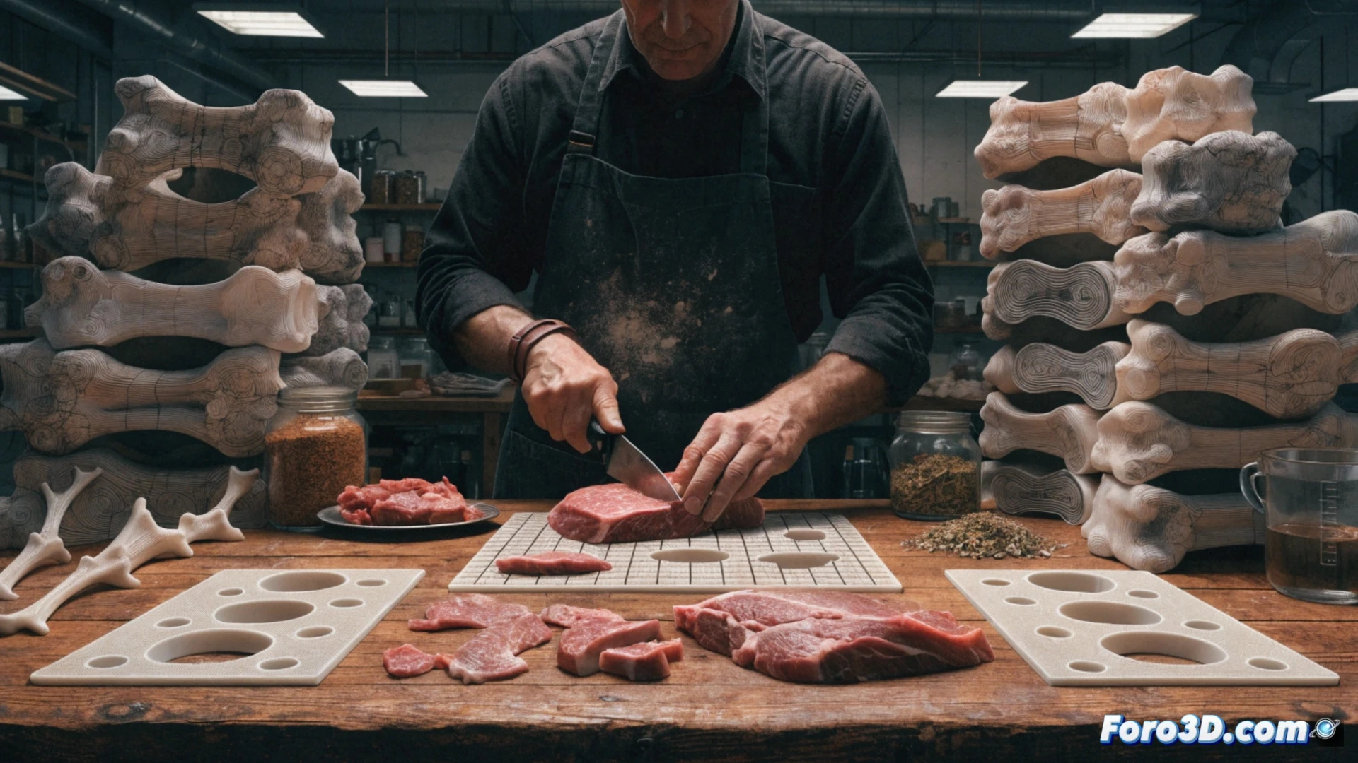 Carnicero moderno usa impresión 3D para cortar carne con precisión, reduciendo desperdicio y mejorando seguridad en el oficio.