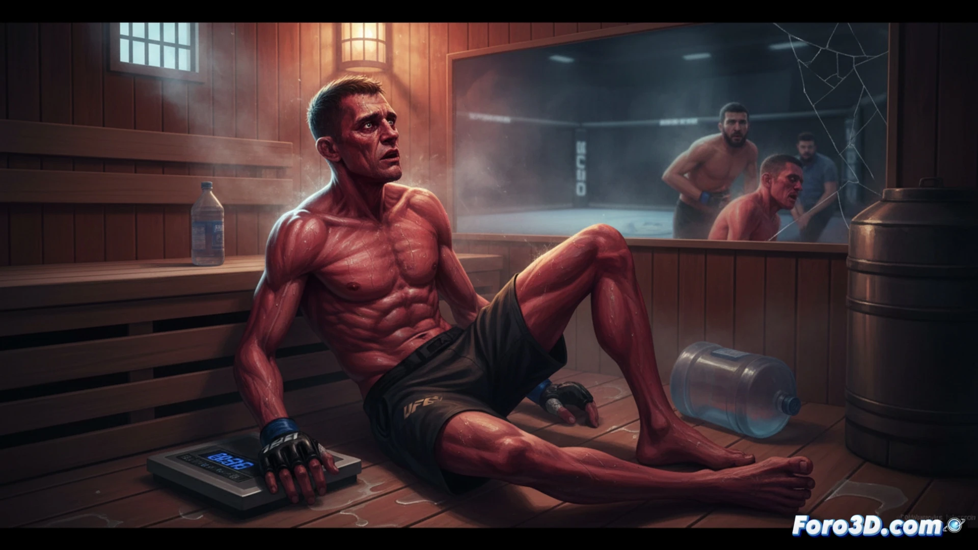 UFC fighter collapsing mid-weight cut, severe dehydration visible, skin pale and cracked, trainer holding oxygen mask while medical staff check pulse, digital scale showing extreme weight loss, sauna steam in background, empty water bottles scattered on floor, dramatic overhead spotlight, cold blue and harsh orange lighting, photorealistic medical documentary style, visible muscle atrophy and sunken eyes, sweat puddles on mat, heart rate monitor beeping erratically, hyper-detailed skin texture and fabric wrinkles, cinematic tension, ultra-realistic human anatomy rendering