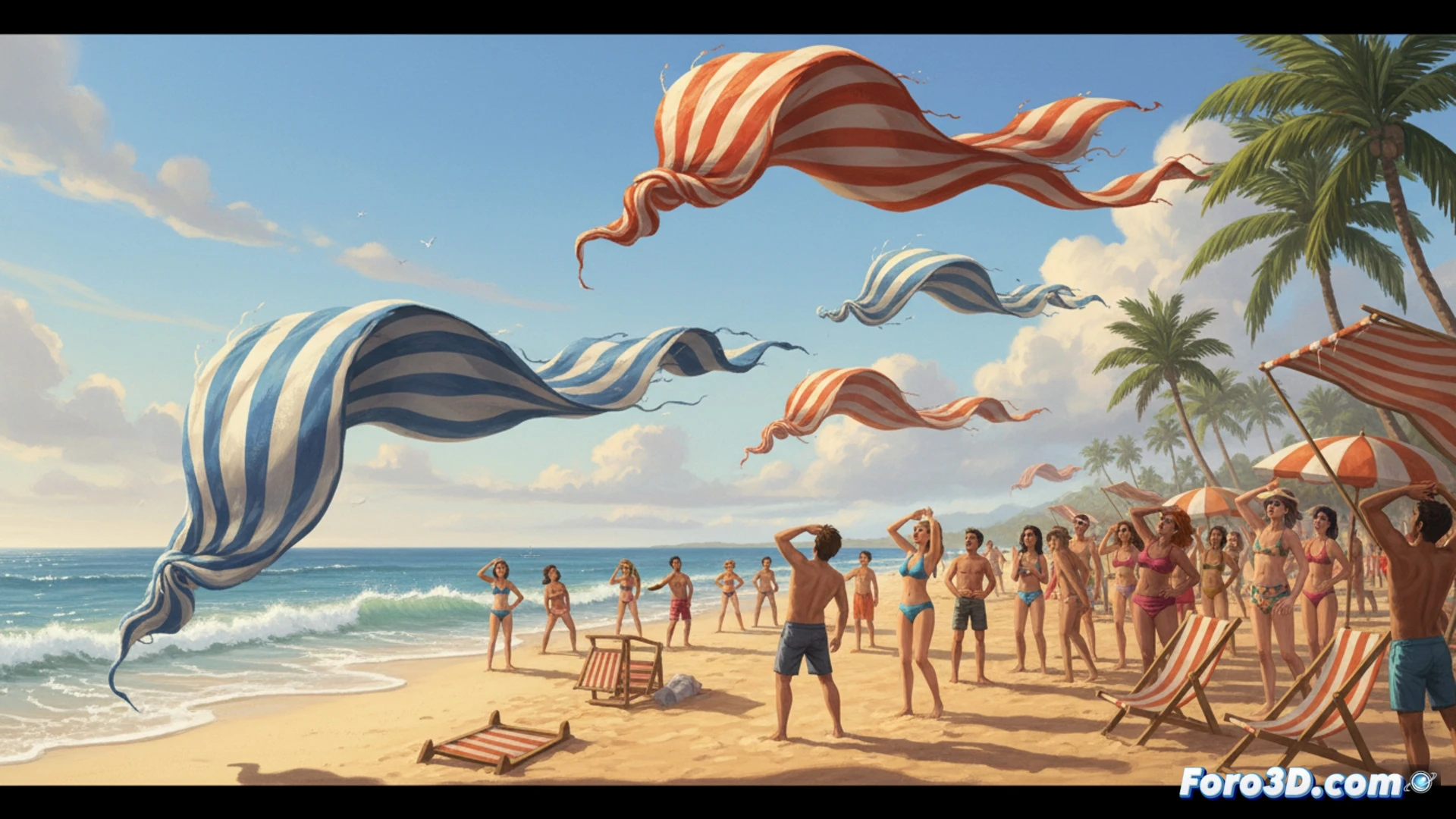 beachside wind catching loose curtain fabric from a sunshade canopy, fabric billowing upward like an improvised kite above sunbathers, torn edges fluttering while tourists point and watch, sand particles lifted by gusts, structural poles of the canopy bending slightly under tension, cinematic documentary style, golden hour sunlight filtering through translucent fabric, motion blur on the cloth, realistic coastal atmosphere, high-contrast shadows, photorealistic outdoor scene